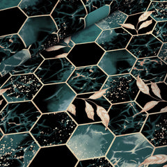 Teal Dark Green Hexagonal Tile Marble Effect Quilt Cover Set Sateen - 8314
