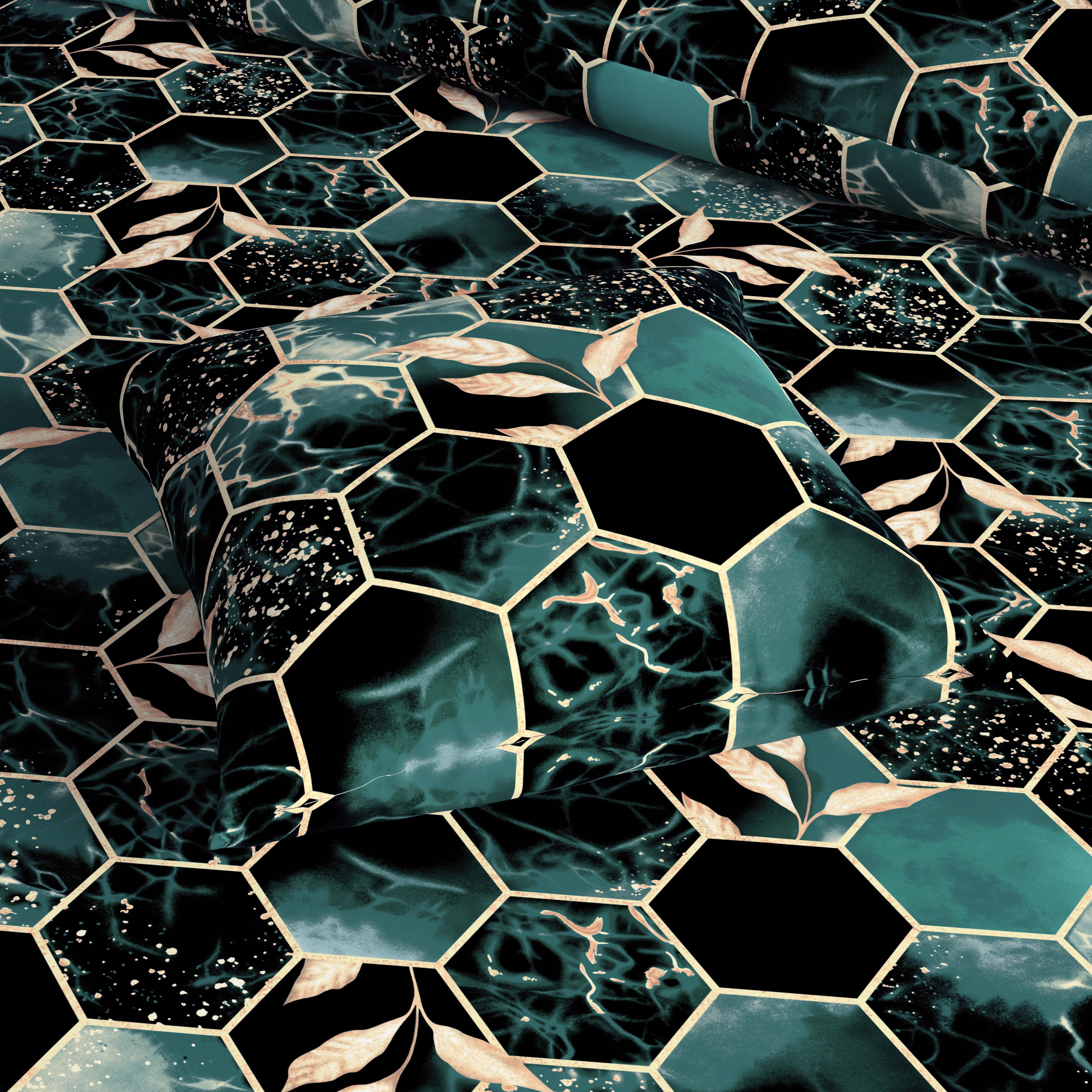 Teal Dark Green Hexagonal Tile Marble Effect Quilt Cover Set Sateen - 8314