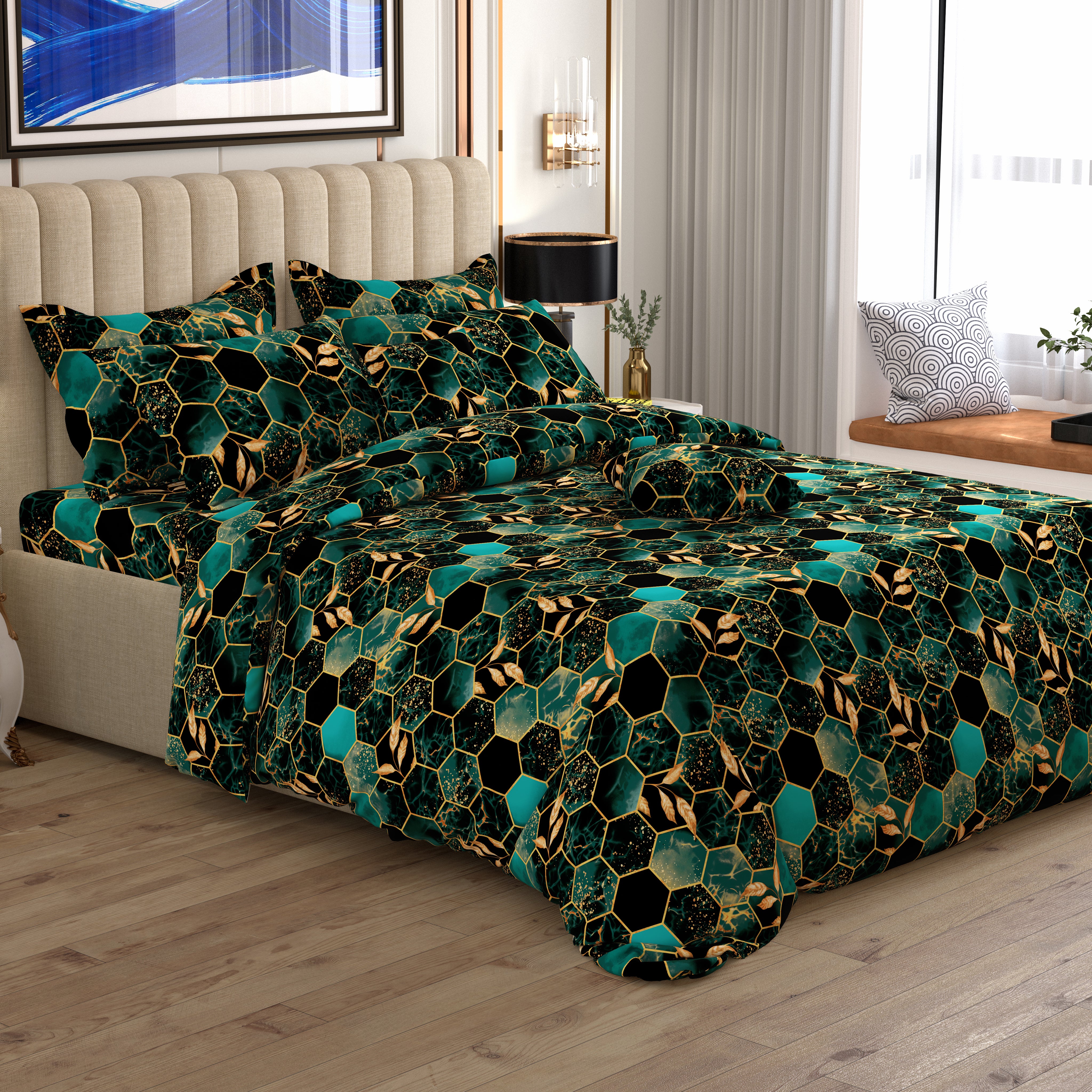 Teal Dark Green Hexagonal Tile Marble Effect Quilt Cover Set Sateen - 8314