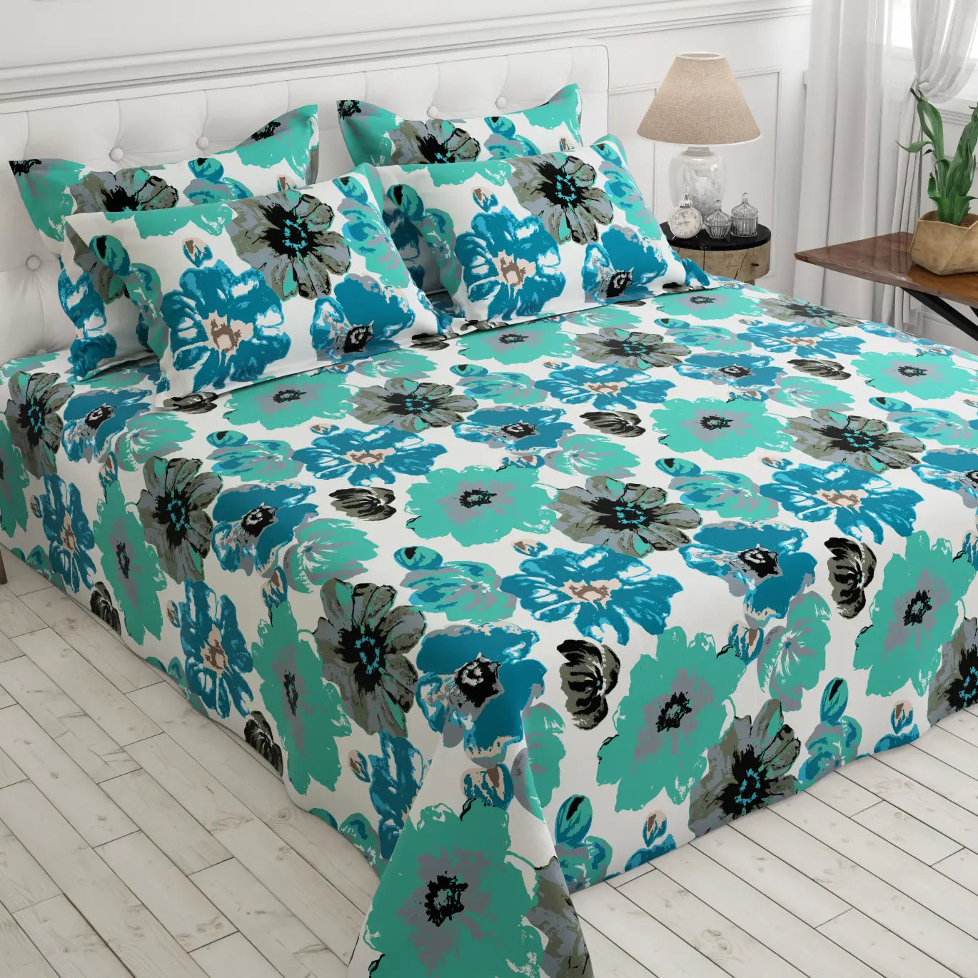 White and Ferozi Floral Design Sateen Bed Sheet Set - 8315