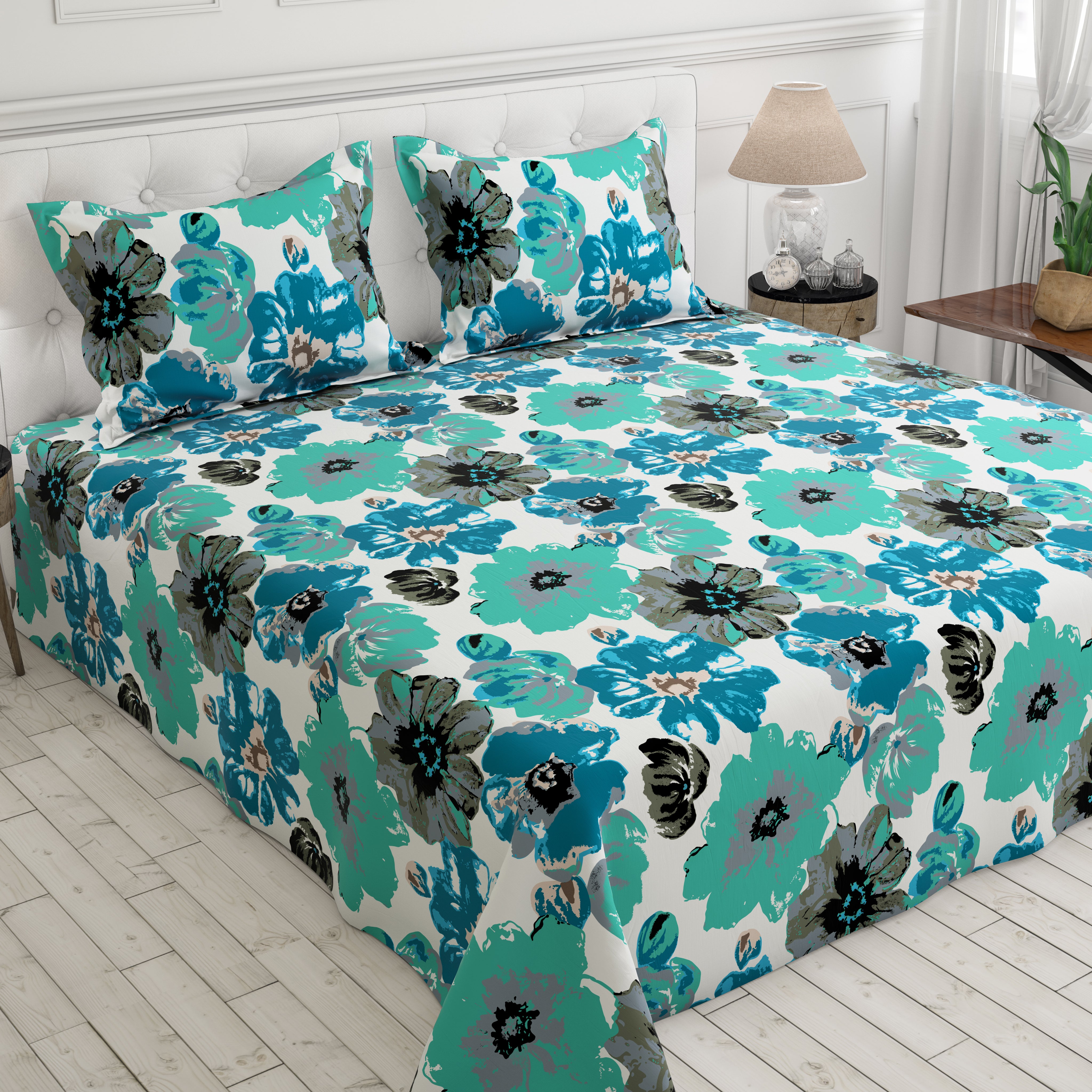 White and Ferozi Floral Design Sateen Bed Sheet Set - 8315