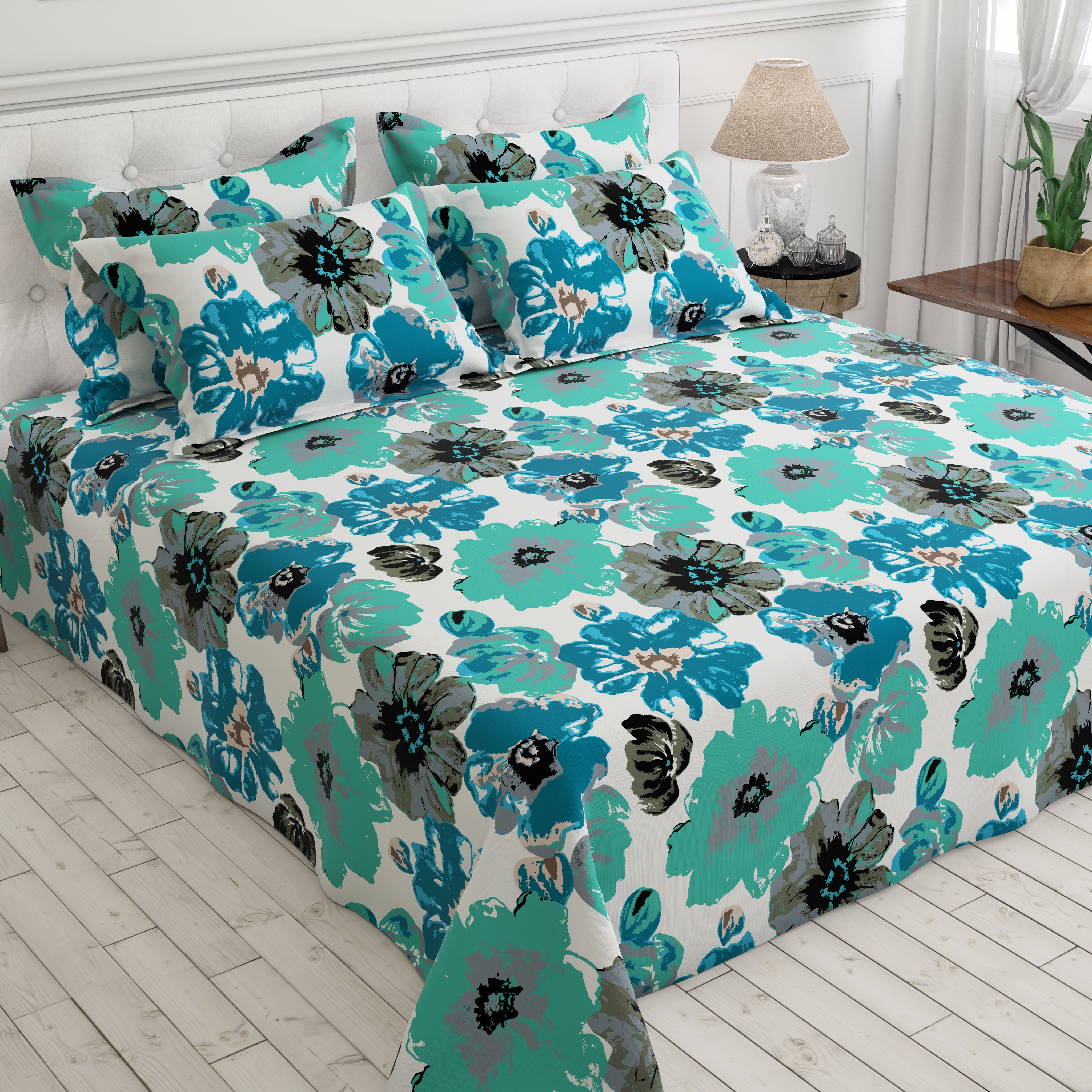 White and Ferozi Floral Design Sateen Bed Sheet Set - 8315