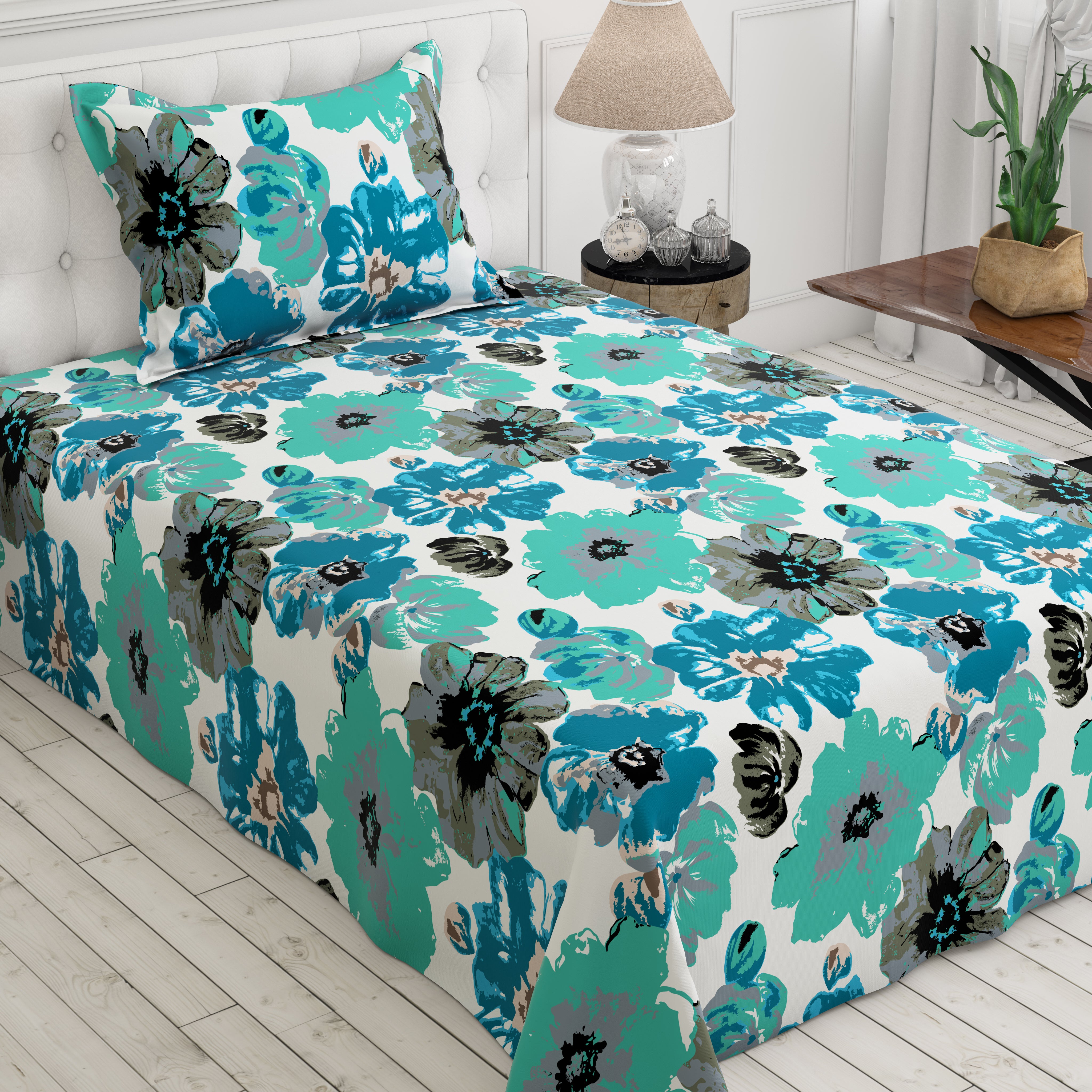 White and Ferozi Floral Design Sateen Bed Sheet Set - 8315