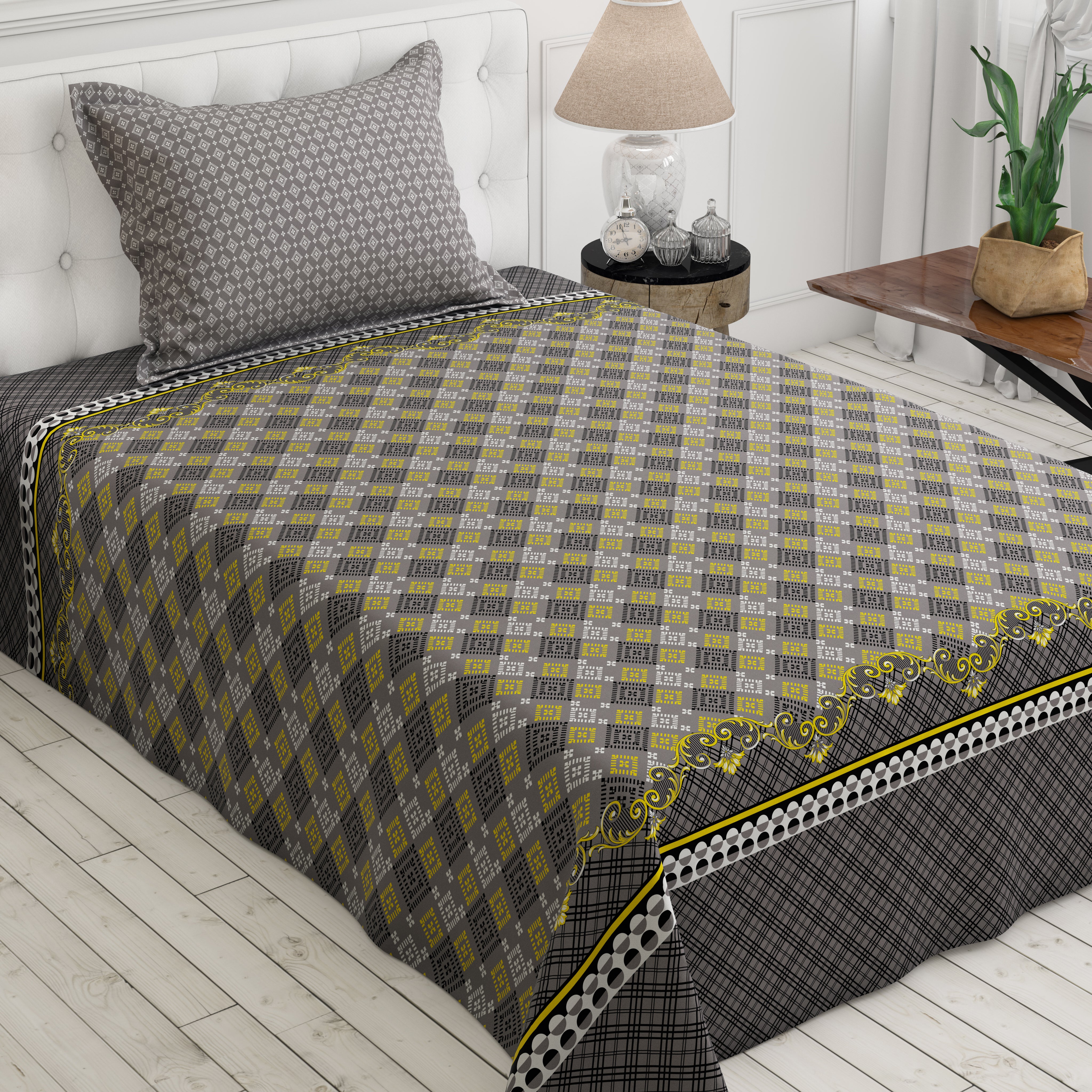 Xara Geometric Grey Bed Sheet Set with Striped Border - 8328-29