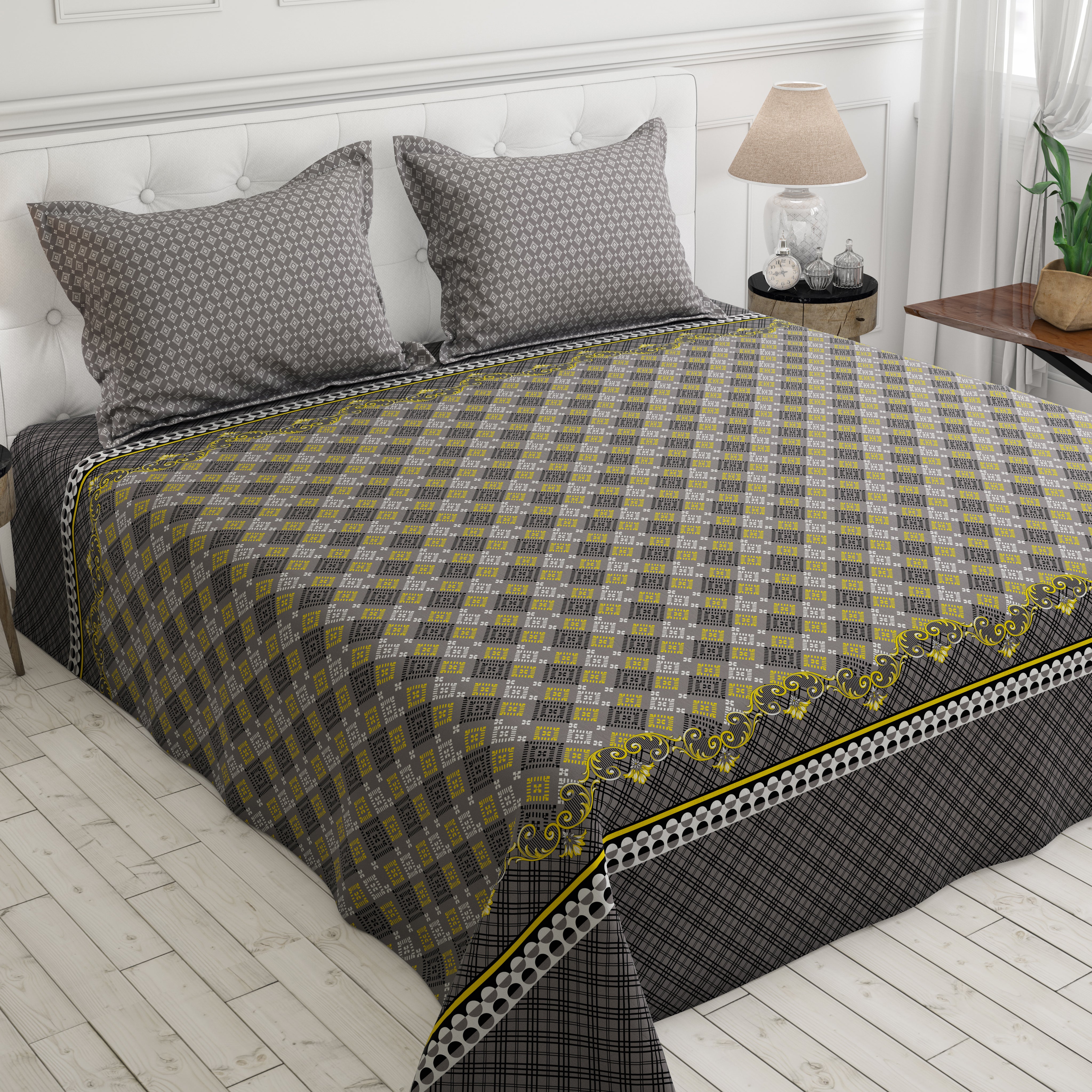 Xara Geometric Grey Bed Sheet Set with Striped Border - 8328-29