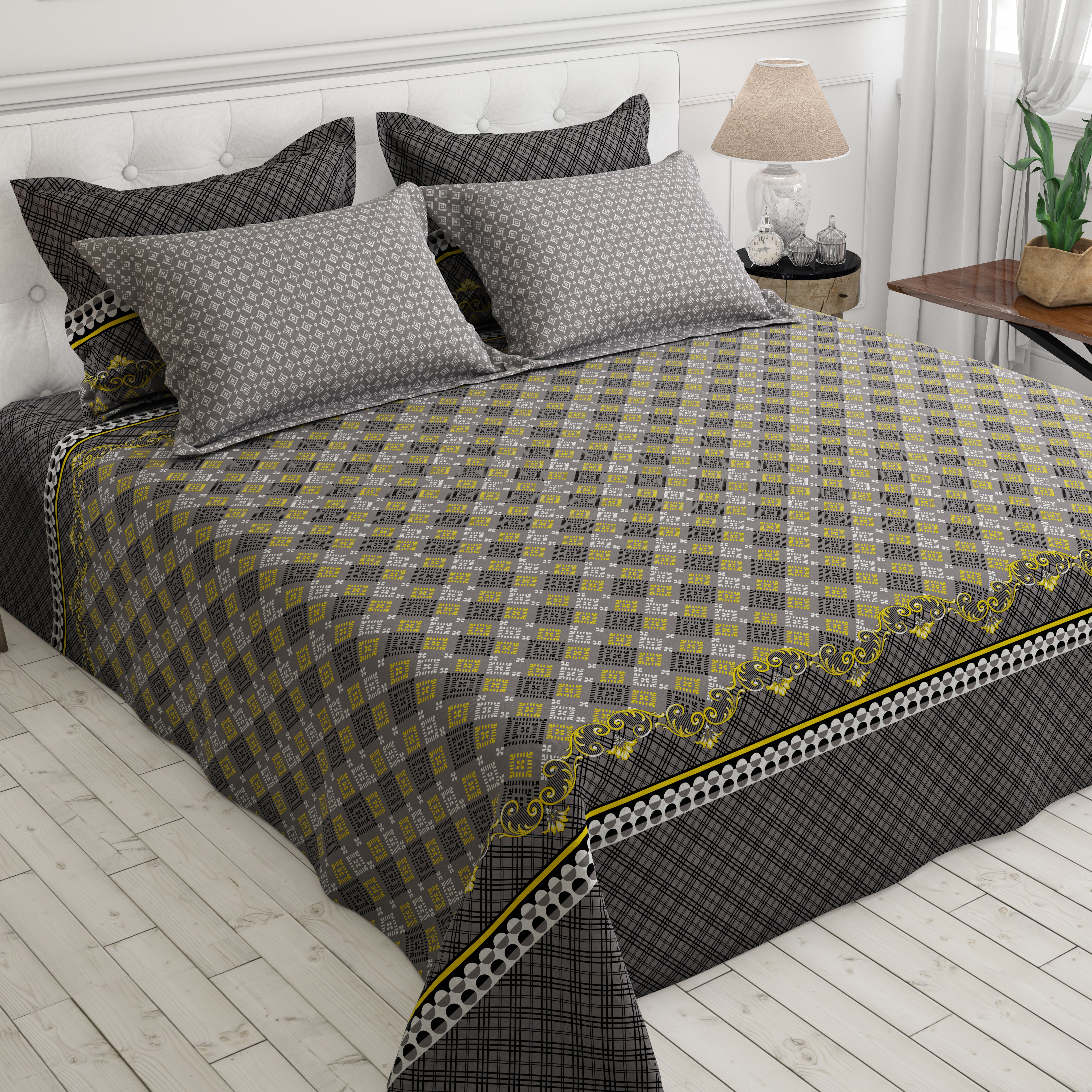 Xara Geometric Grey Bed Sheet Set with Striped Border - 8328-29