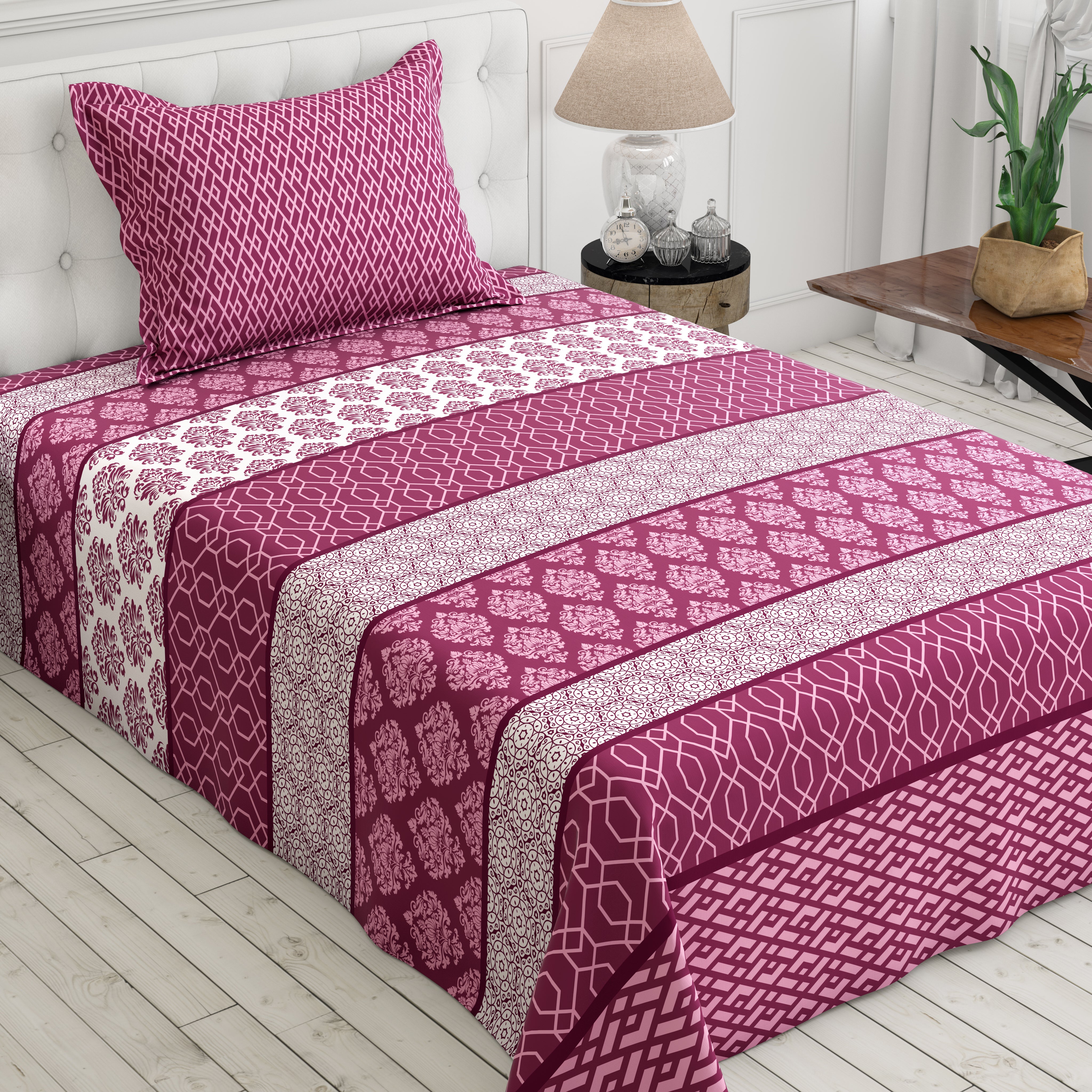 Xara Maroon Striped Geometric Bed Sheet Set - 8367-68