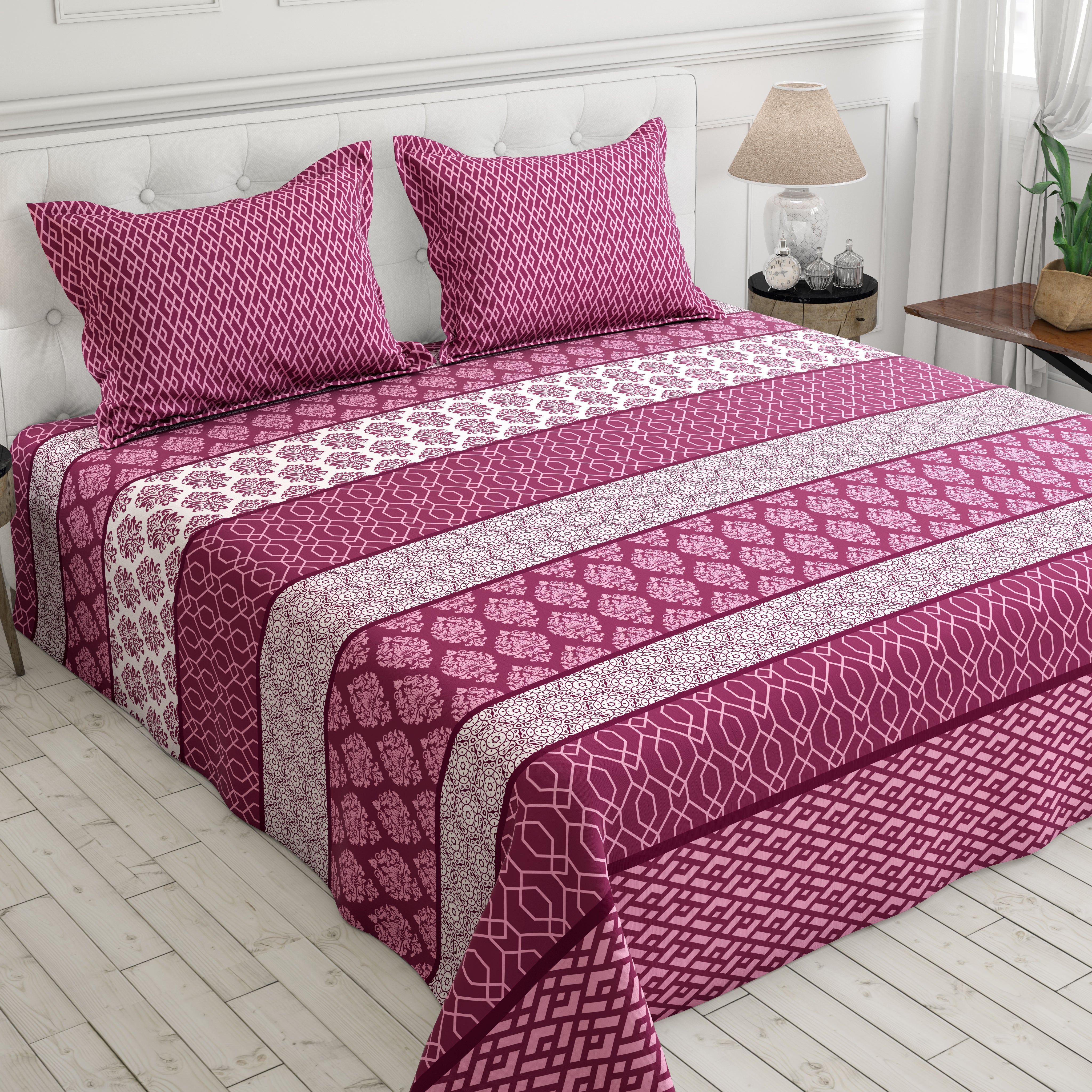 Xara Maroon Striped Geometric Bed Sheet Set - 8367-68