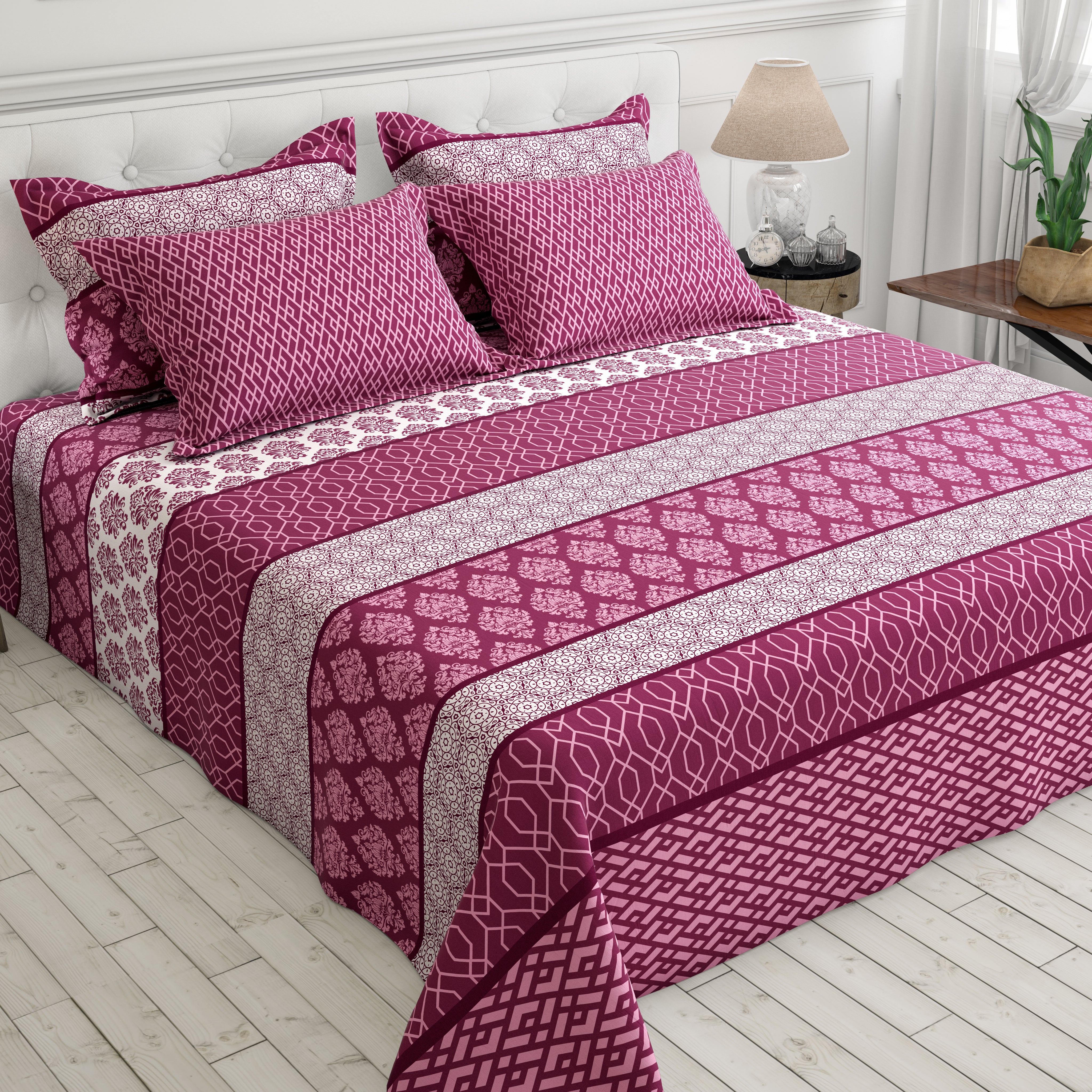 Xara Maroon Striped Geometric Bed Sheet Set - 8367-68