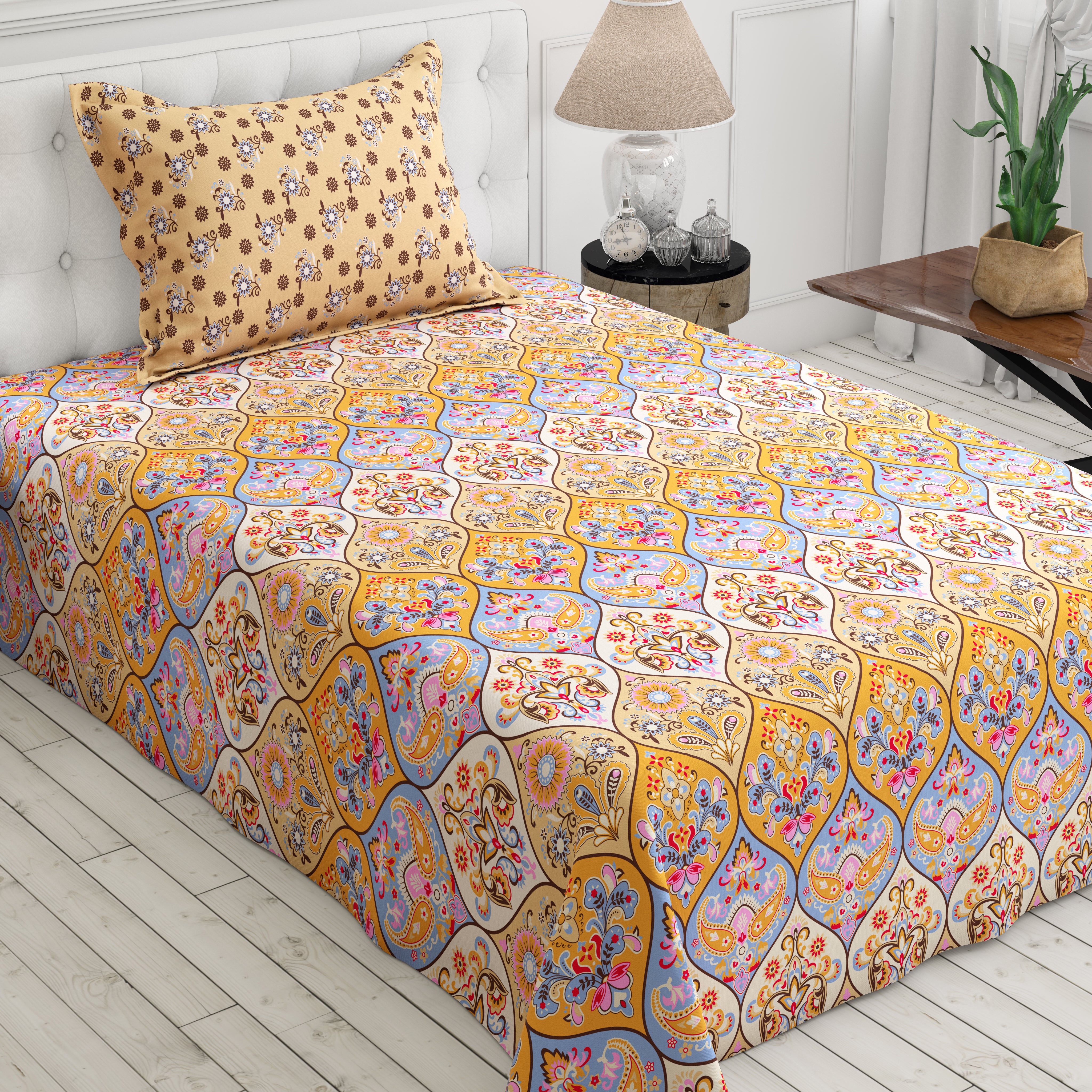 Xara Cream Paisley Geometric Grid Bed Sheet Set - 8371-72