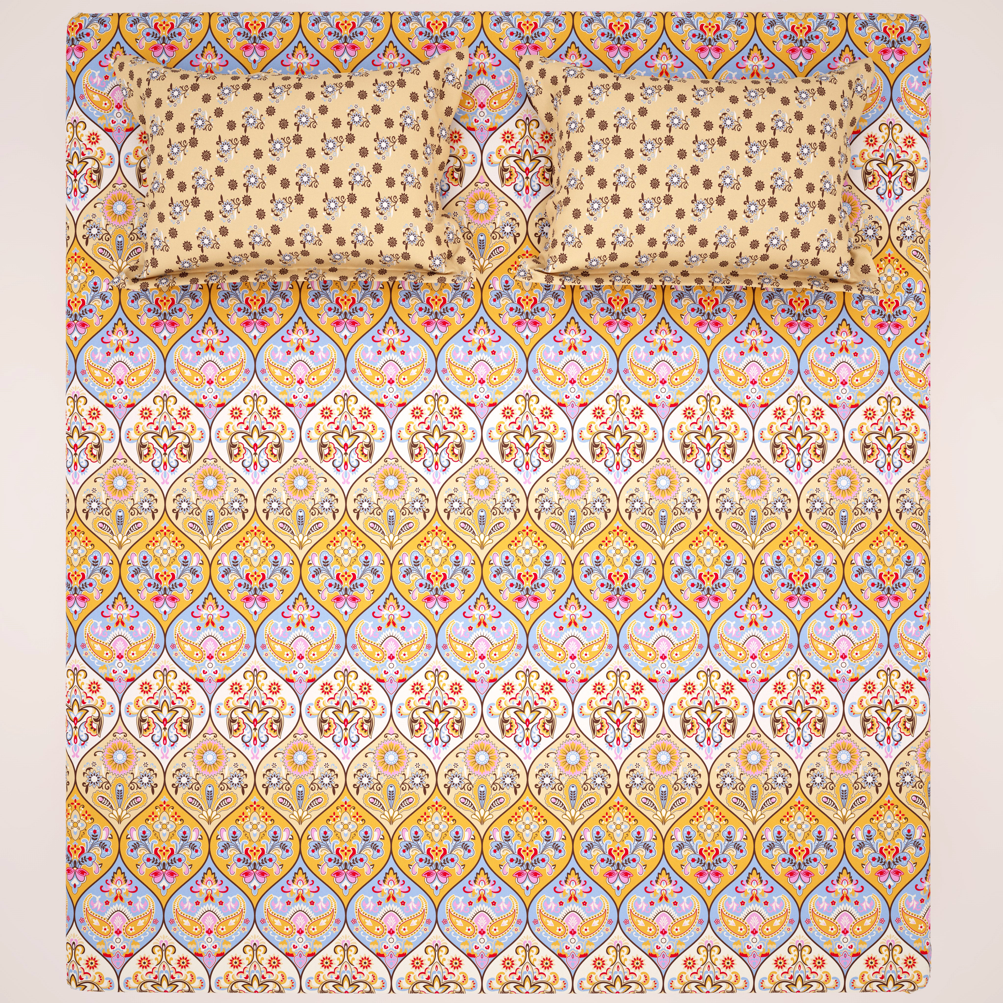 Xara Cream Paisley Geometric Grid Bed Sheet Set - 8371-72