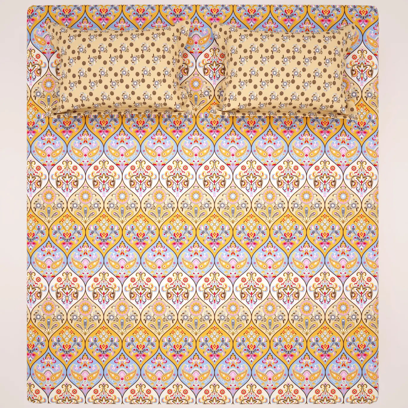 Xara Cream Paisley Geometric Grid Bed Sheet Set - 8371-72