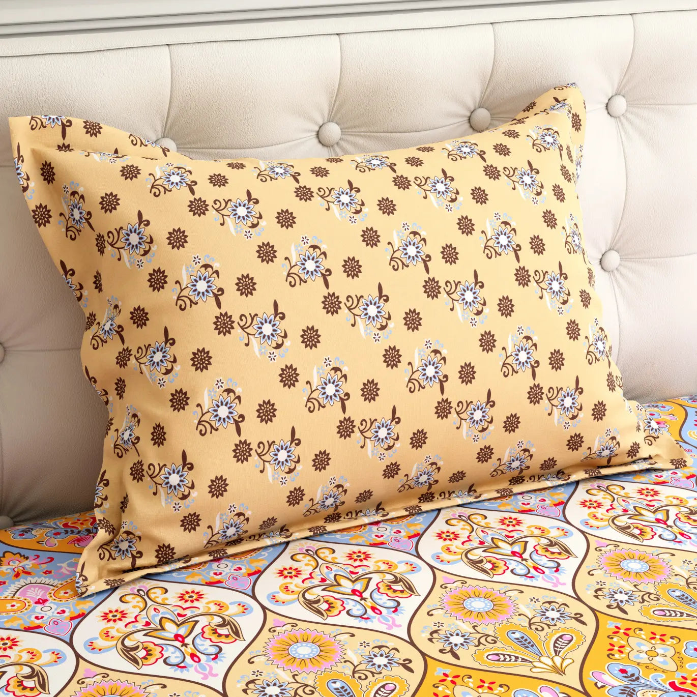 Xara Cream Paisley Geometric Grid Bed Sheet Set - 8371-72