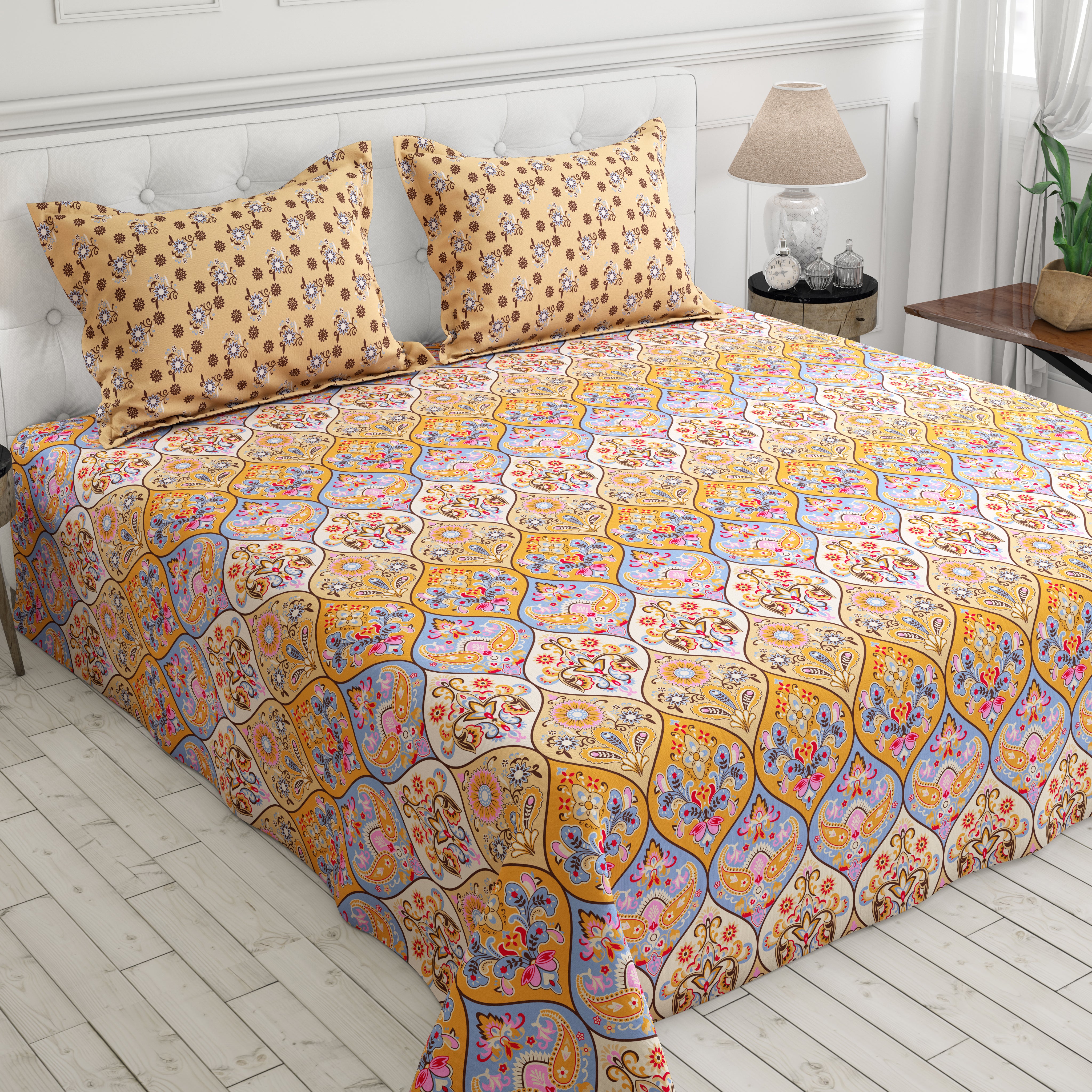 Xara Cream Paisley Geometric Grid Bed Sheet Set - 8371-72