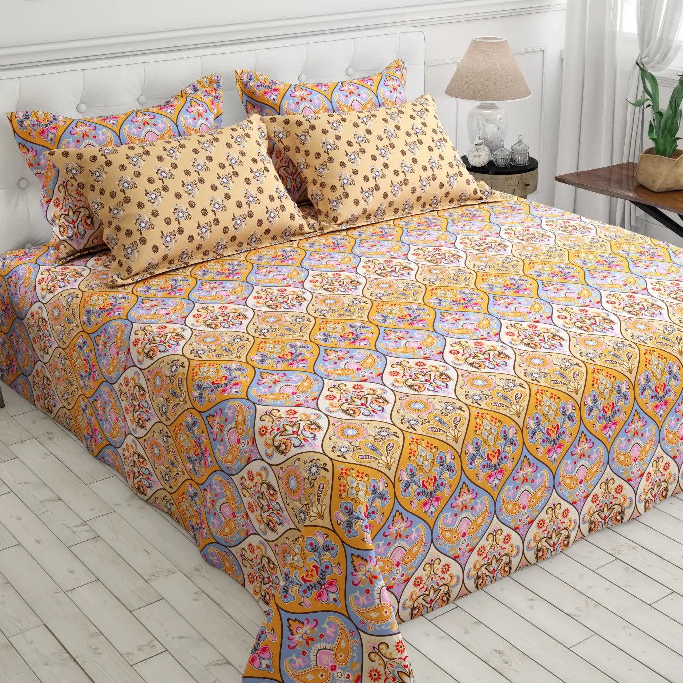 Xara Cream Paisley Geometric Grid Bed Sheet Set - 8371-72