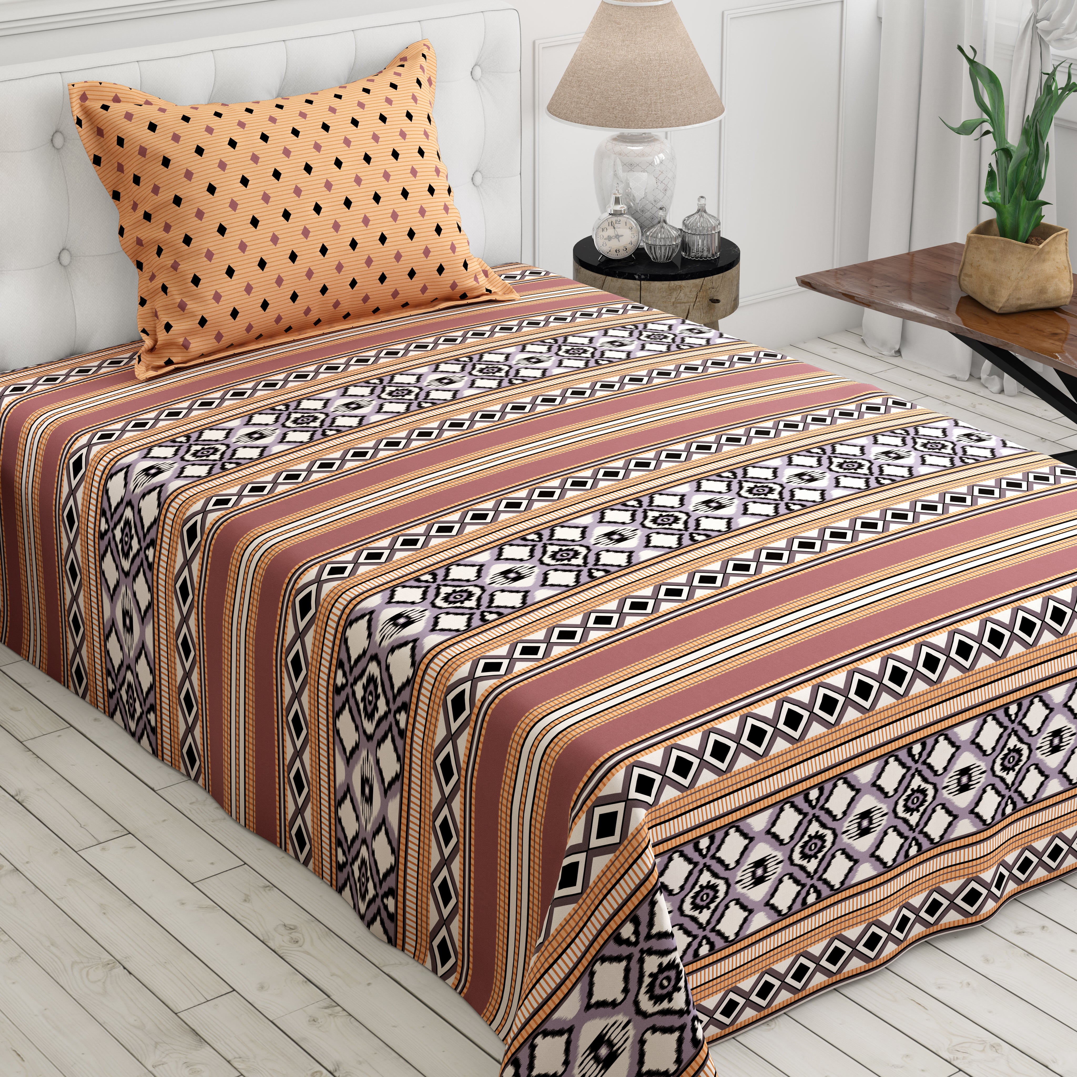 Xara Brown Striped Geometric Grid Bed Sheet Set - 8386-87