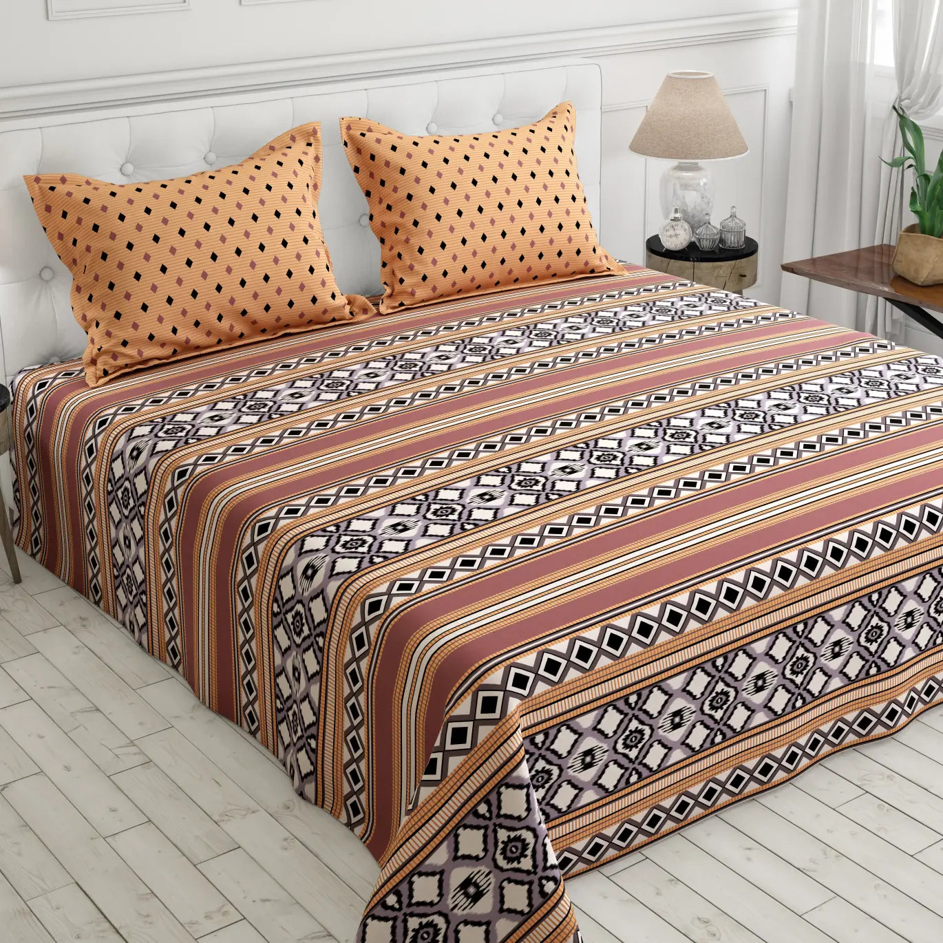 Xara Brown Striped Geometric Grid Bed Sheet Set - 8386-87