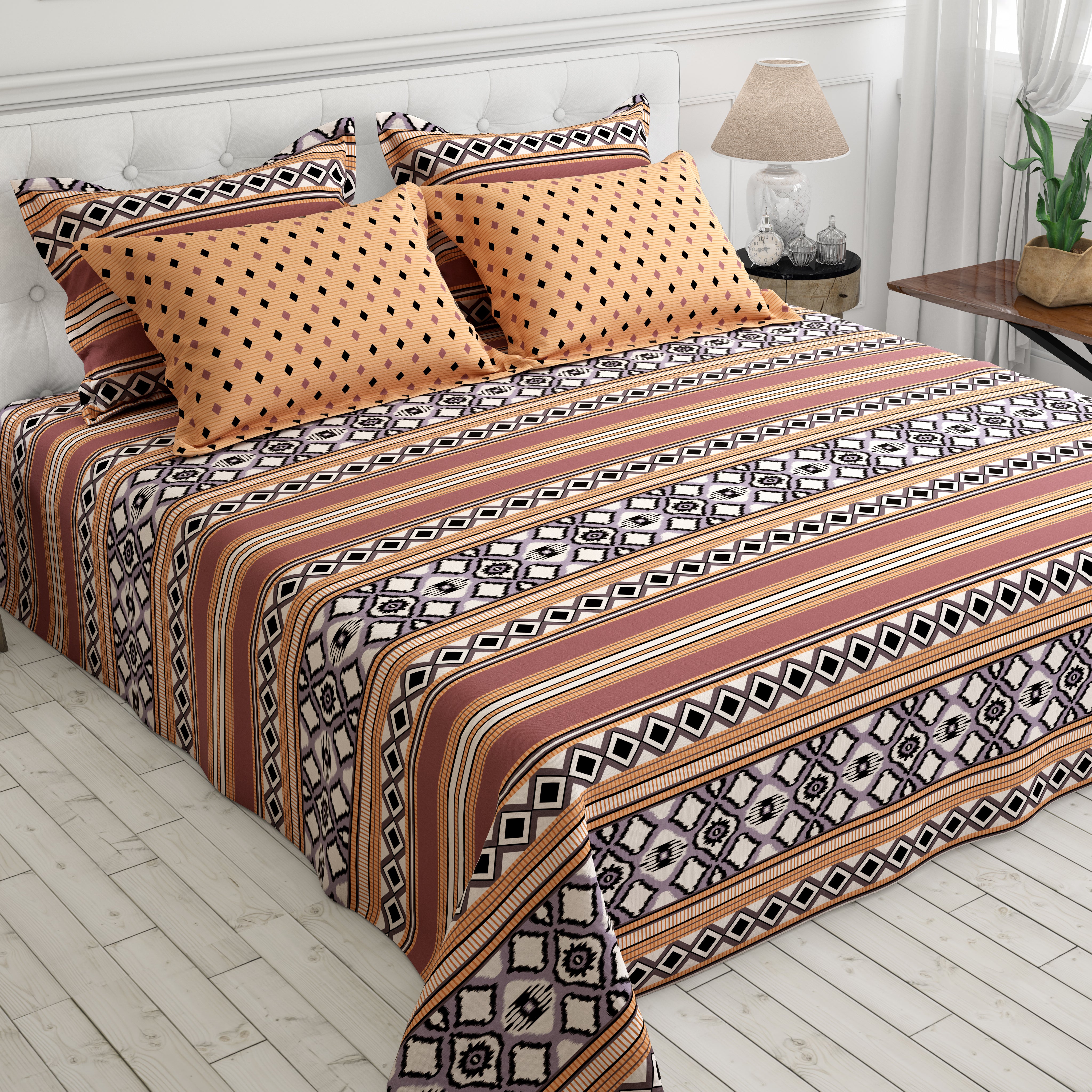 Xara Brown Striped Geometric Grid Bed Sheet Set - 8386-87