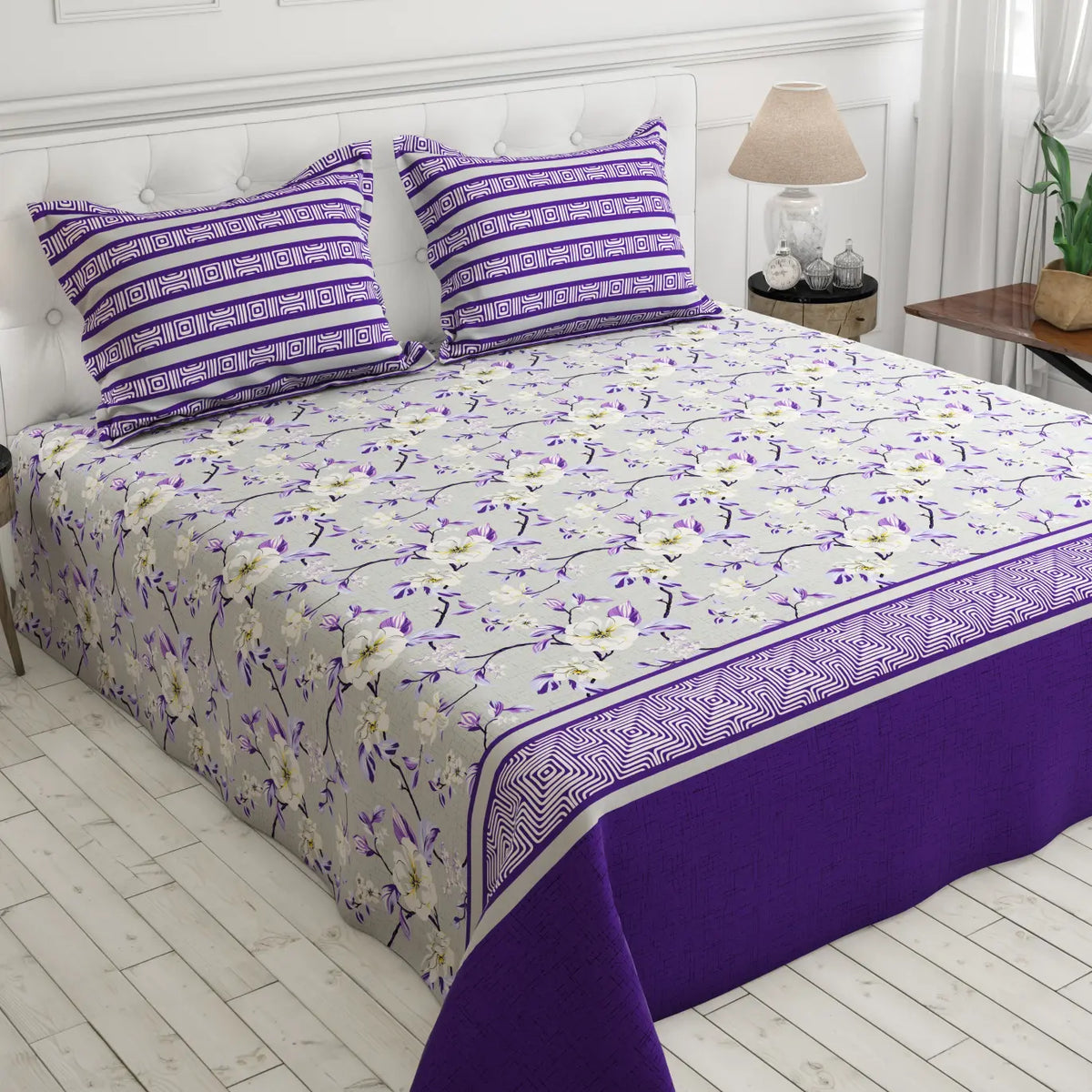 Xara Grey Floral Stripe Bed Sheet Set - 8394-95