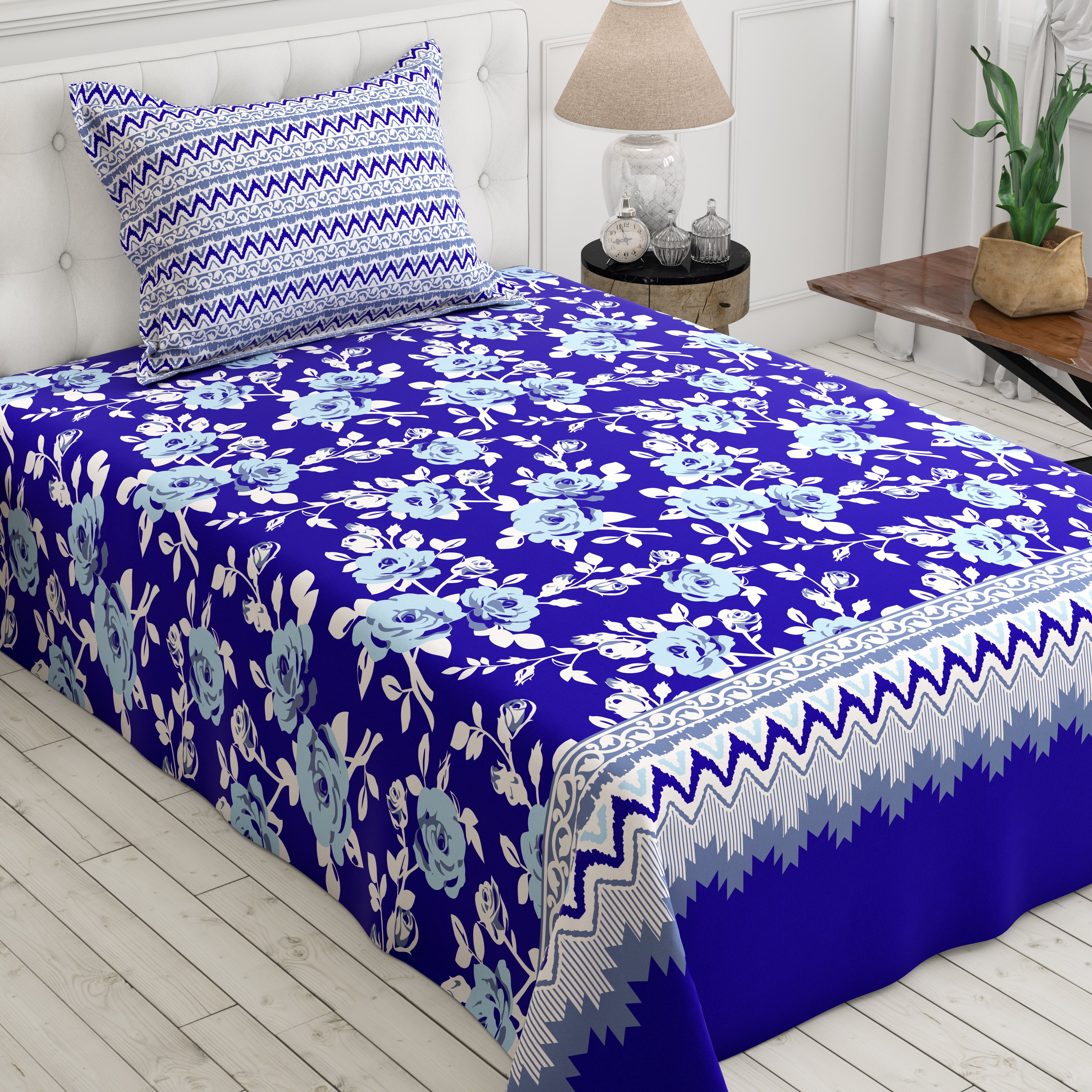 Xara Blue Floral Stripe Bed Sheet Set - 8403-04