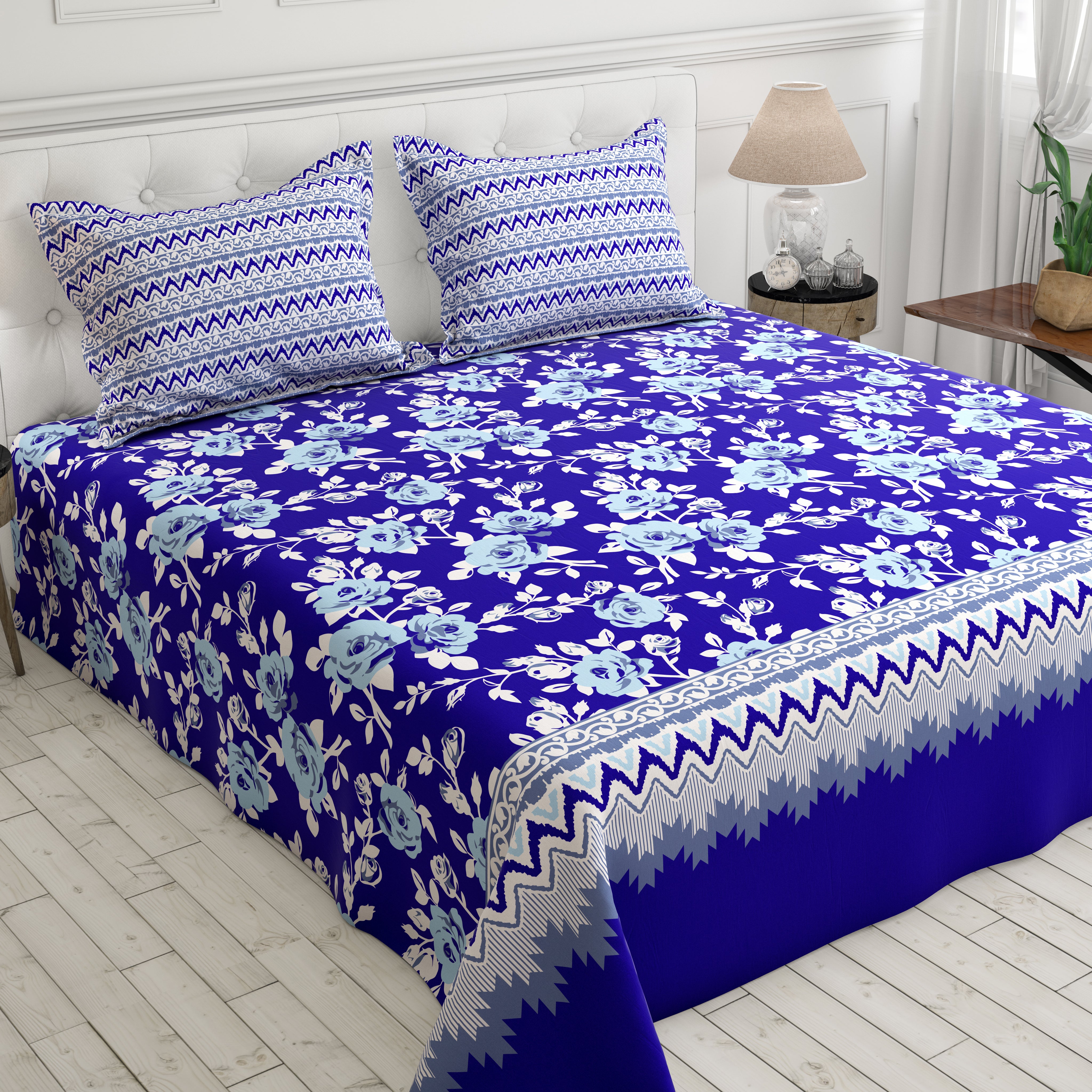 Xara Blue Floral Stripe Bed Sheet Set - 8403-04