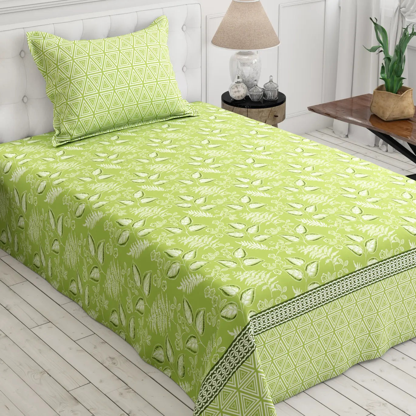 Xara Green Leaf Geometric Grid Bed Sheet Set - 8410-11