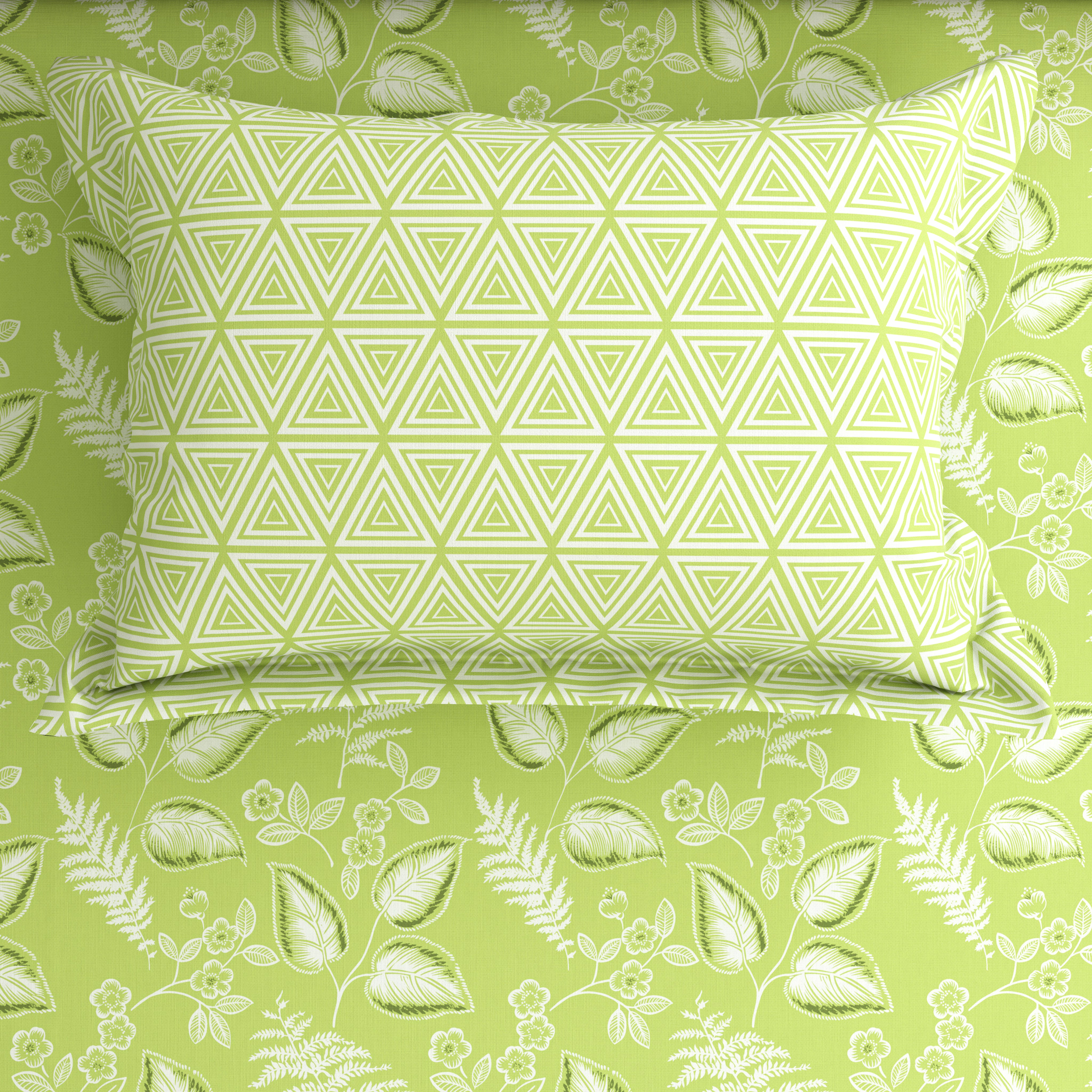 Xara Green Leaf Geometric Grid Bed Sheet Set - 8410-11