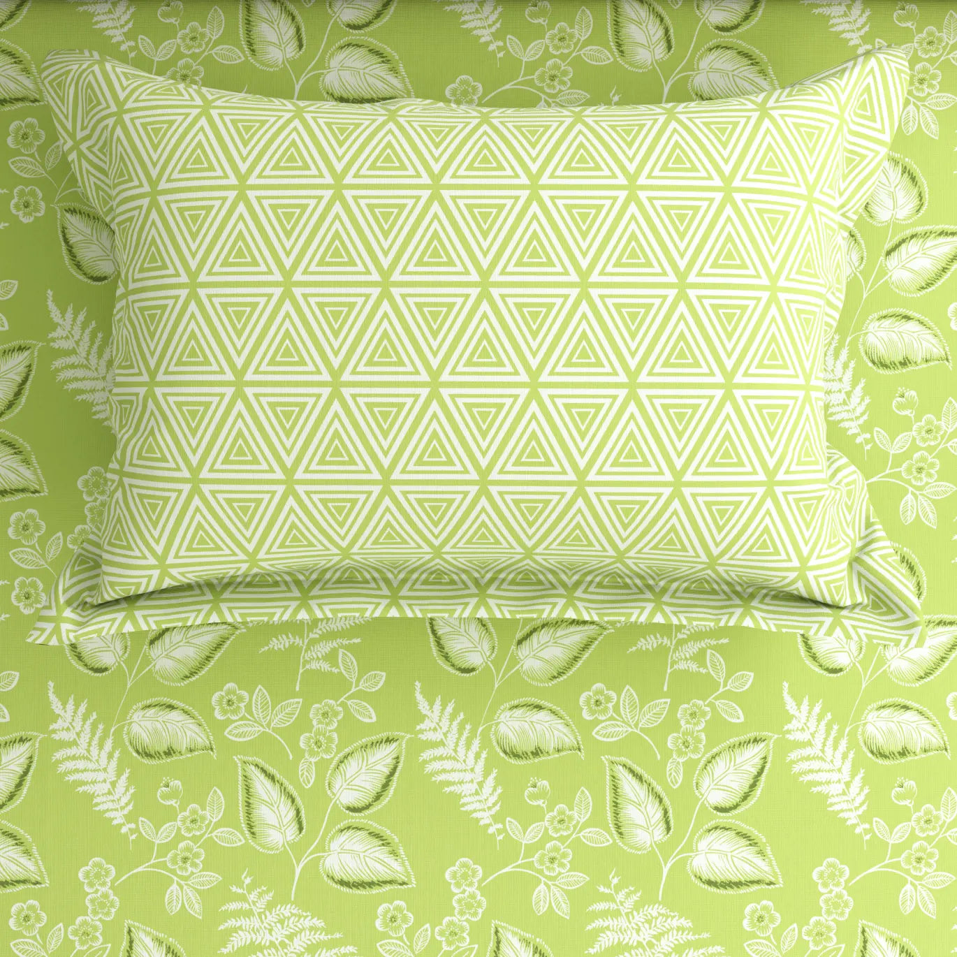 Xara Green Leaf Geometric Grid Bed Sheet Set - 8410-11