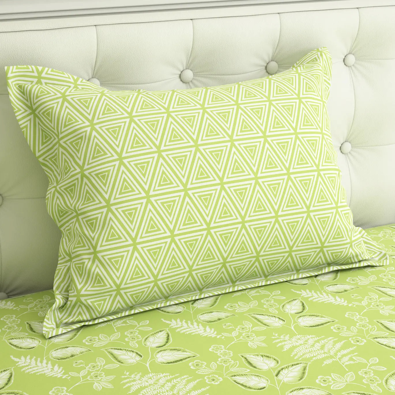 Xara Green Leaf Geometric Grid Bed Sheet Set - 8410-11