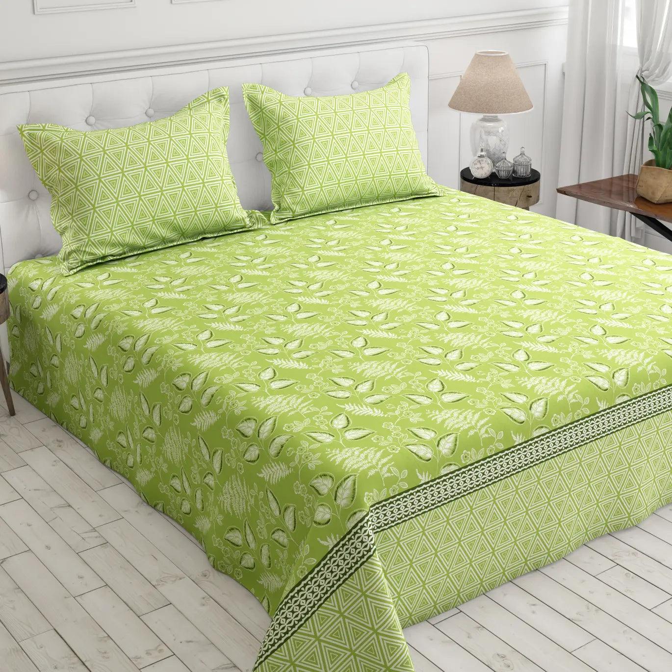 Xara Green Leaf Geometric Grid Bed Sheet Set - 8410-11