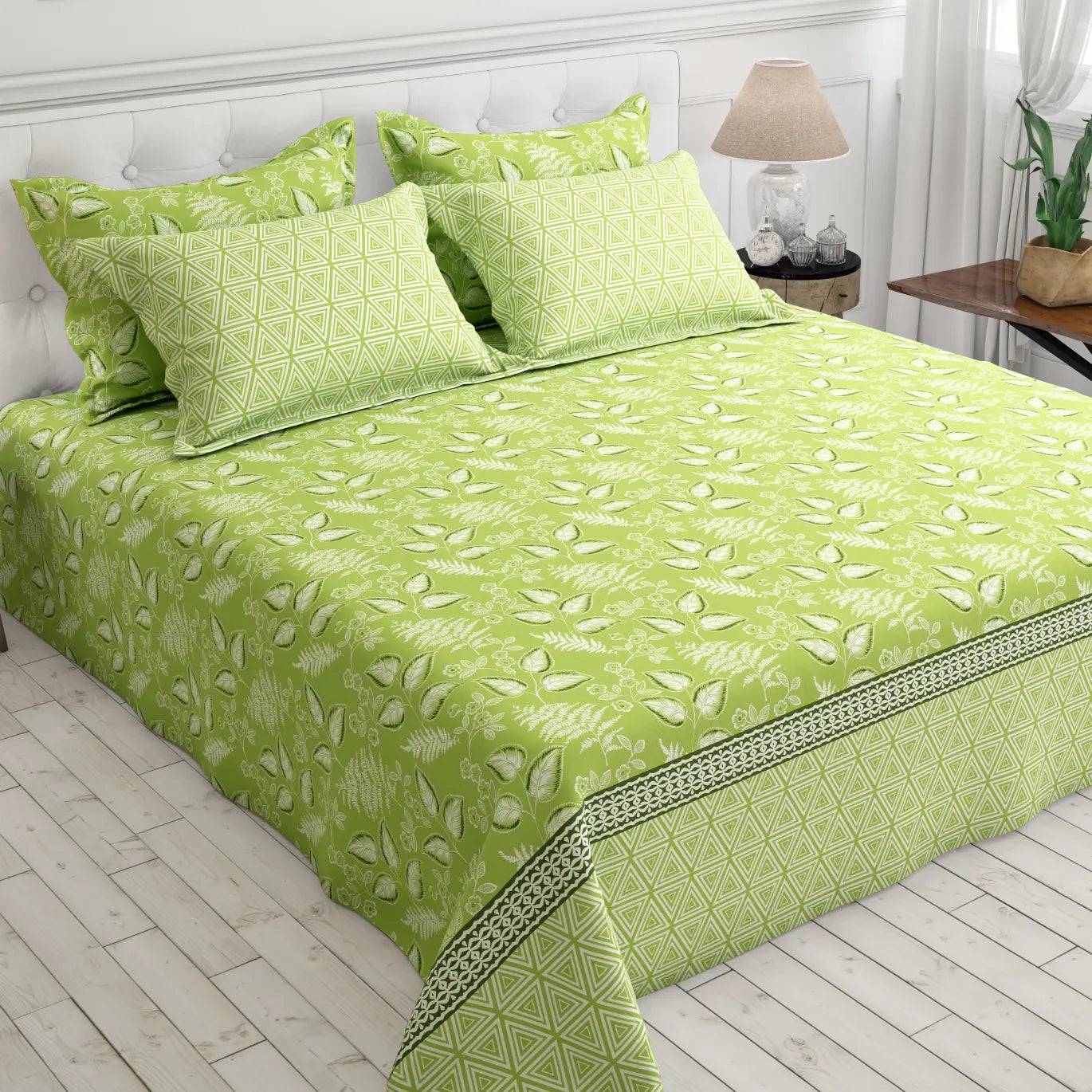 Xara Green Leaf Geometric Grid Bed Sheet Set - 8410-11