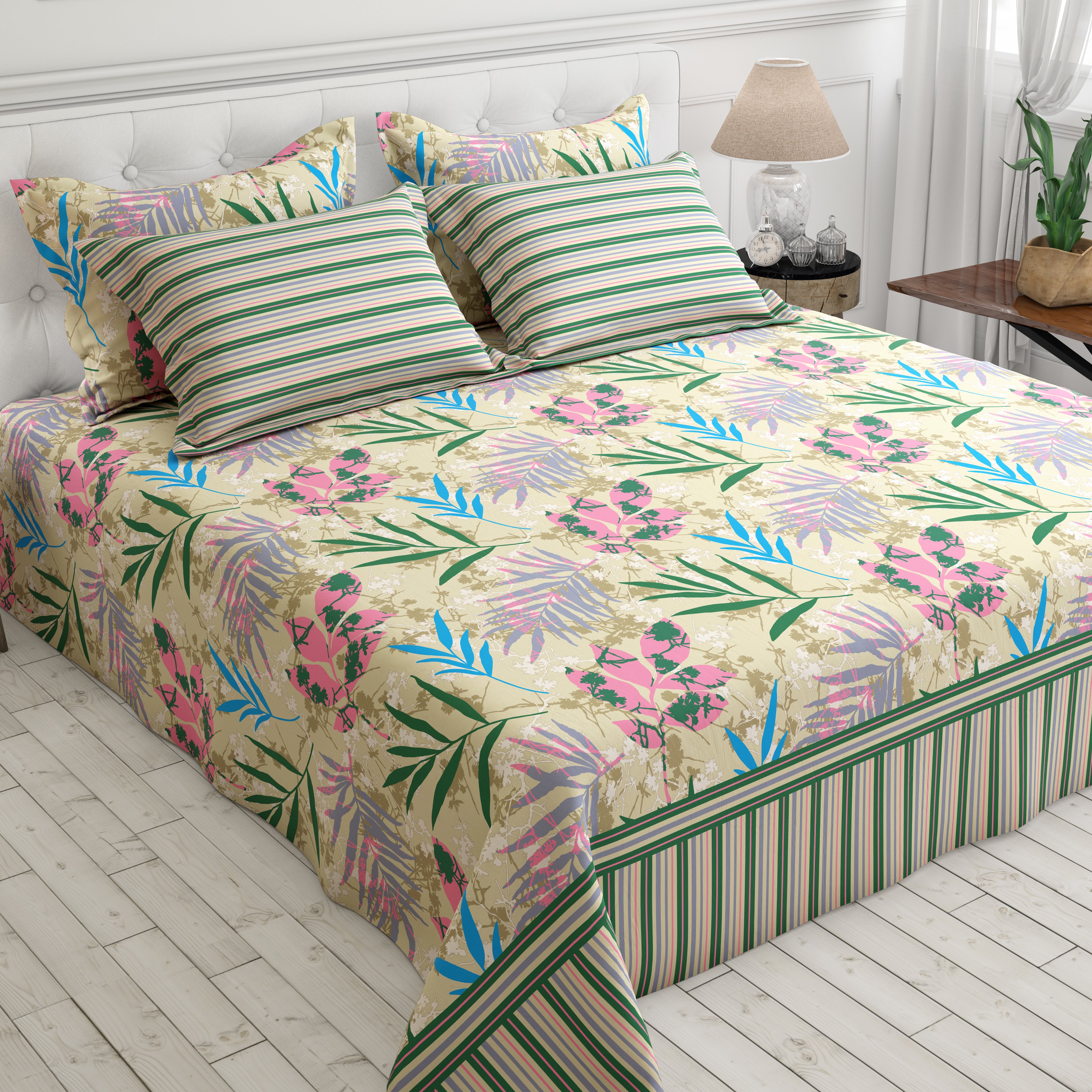 Xara Cream Leaf Design Bed Sheet Set with Striped Border - 8415-16