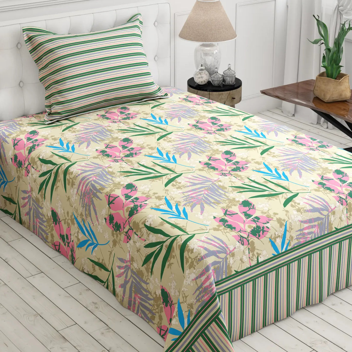 Xara Cream Leaf Design Bed Sheet Set with Striped Border - 8415-16