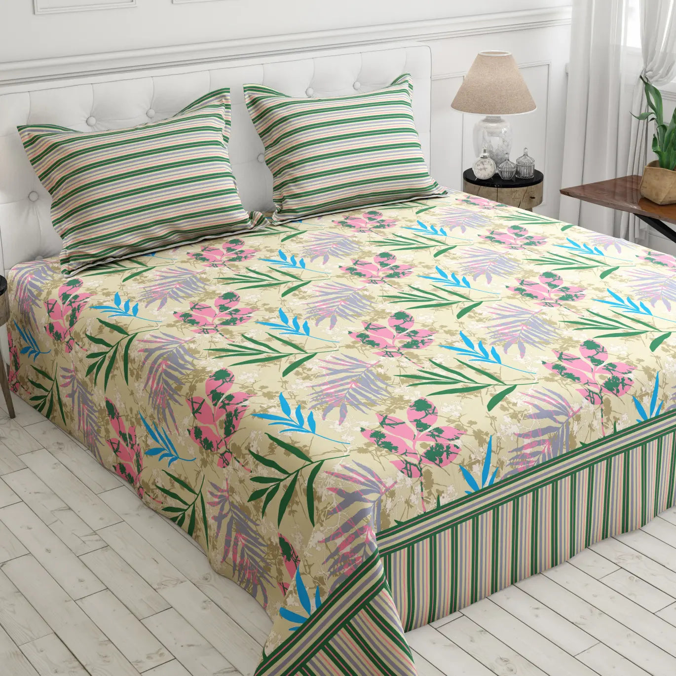 Xara Cream Leaf Design Bed Sheet Set with Striped Border - 8415-16