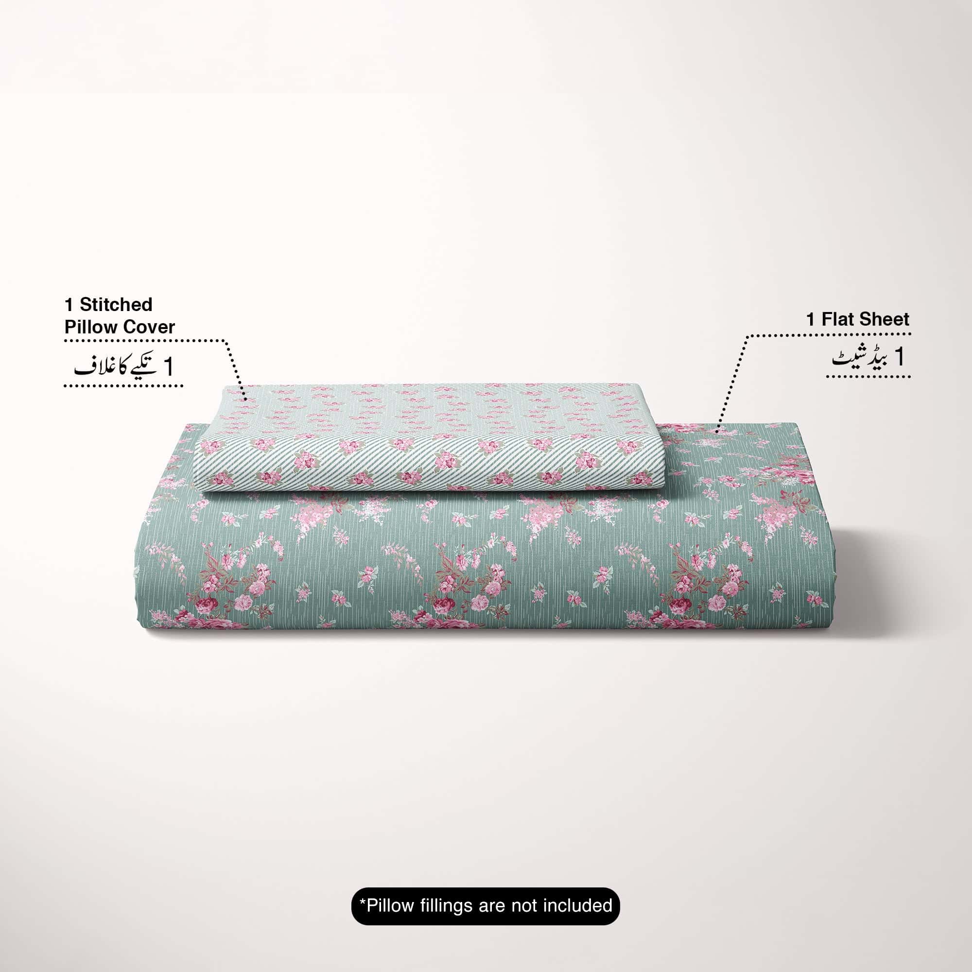 Xara Green Floral Bed Sheet Set with Striped Border - 8448-49