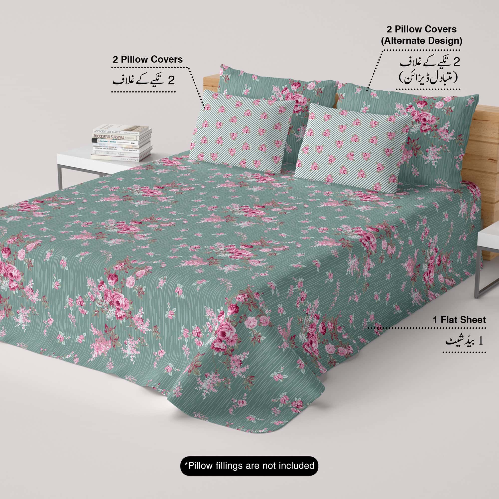 Xara Green Floral Bed Sheet Set with Striped Border - 8448-49