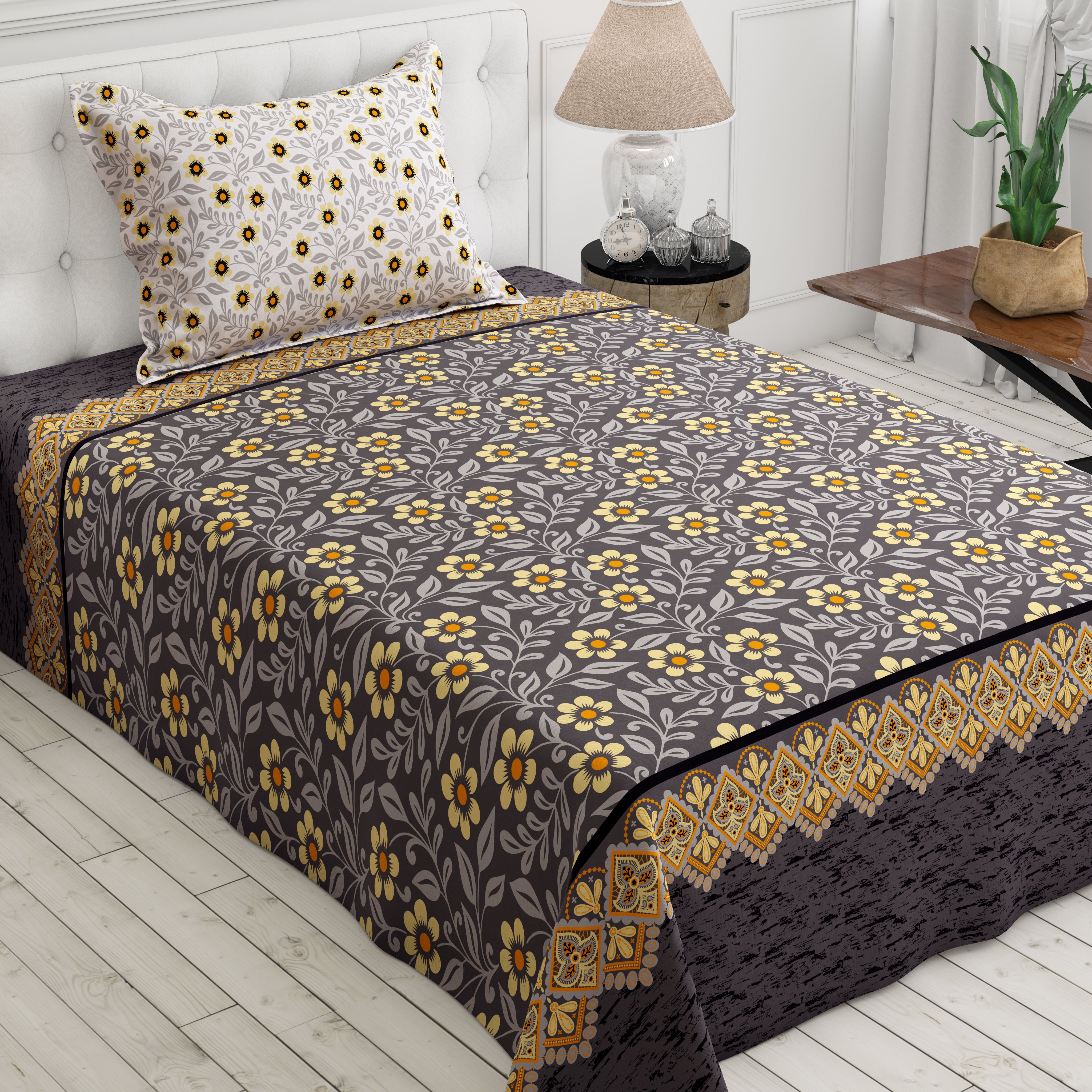 Xara Grey Floral Stripe Bed Sheet Set - 8473-74