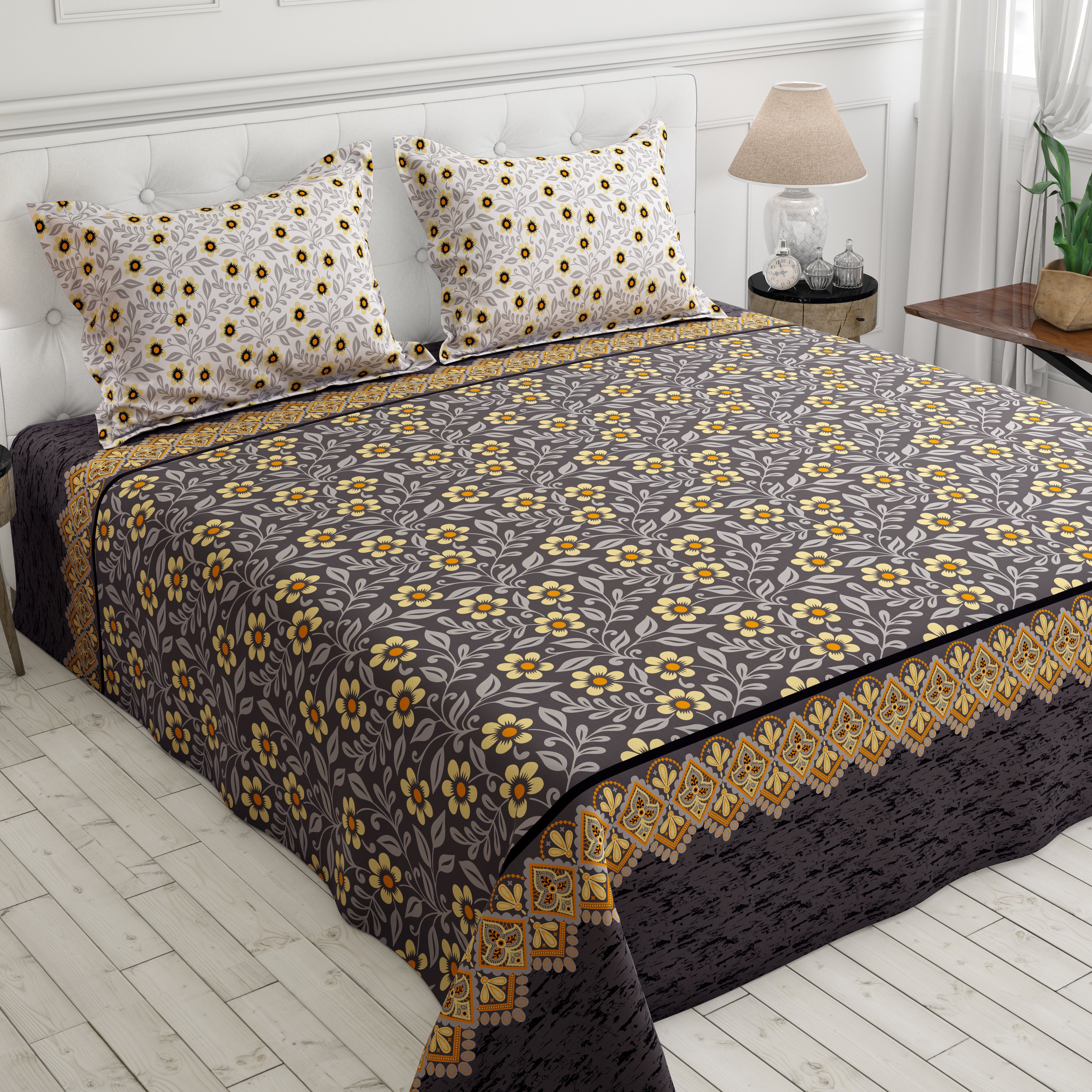 Xara Grey Floral Stripe Bed Sheet Set - 8473-74