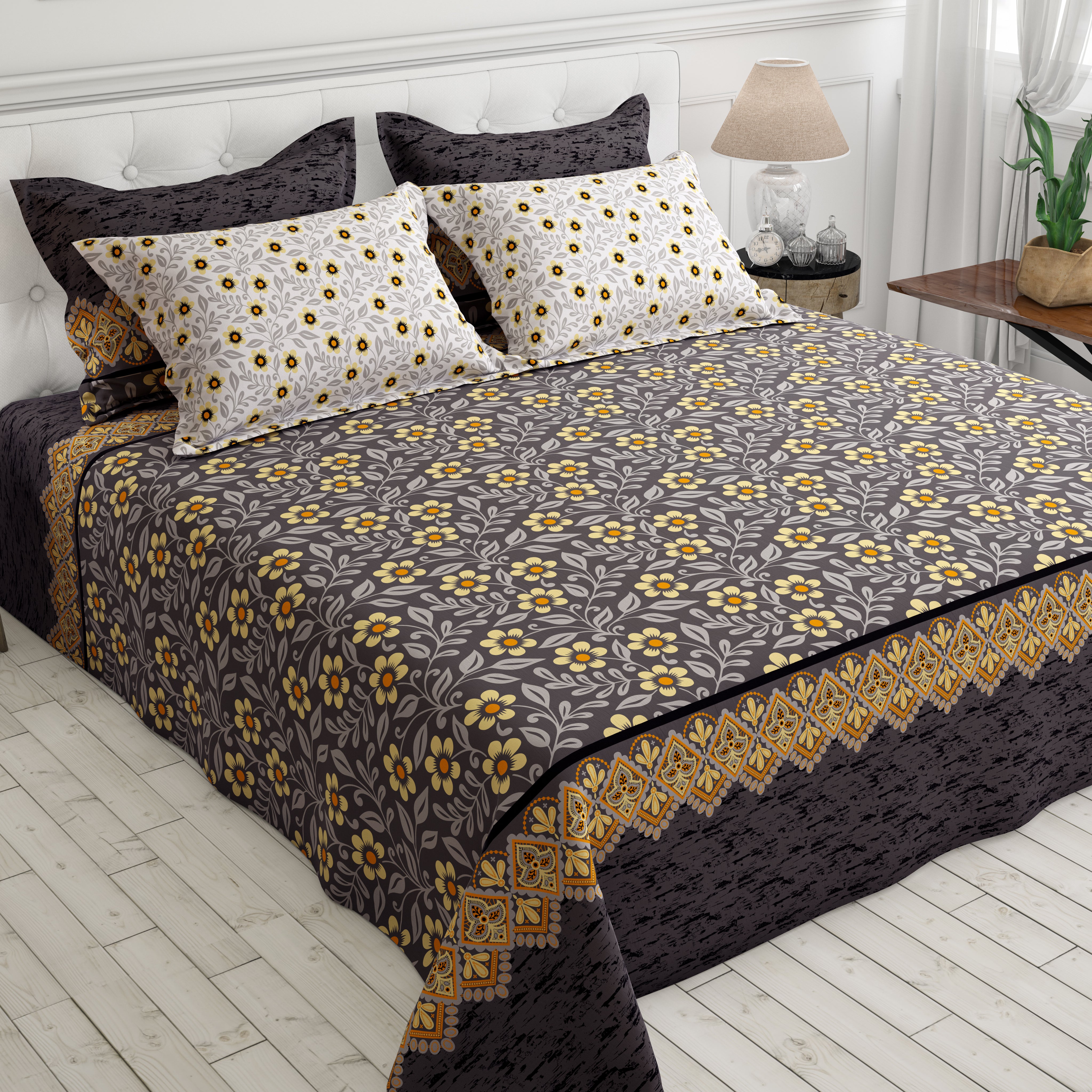 Xara Grey Floral Stripe Bed Sheet Set - 8473-74