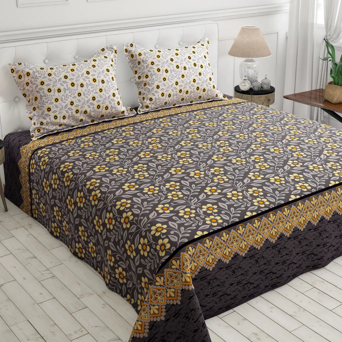 Xara Grey Floral Stripe Bed Sheet Set