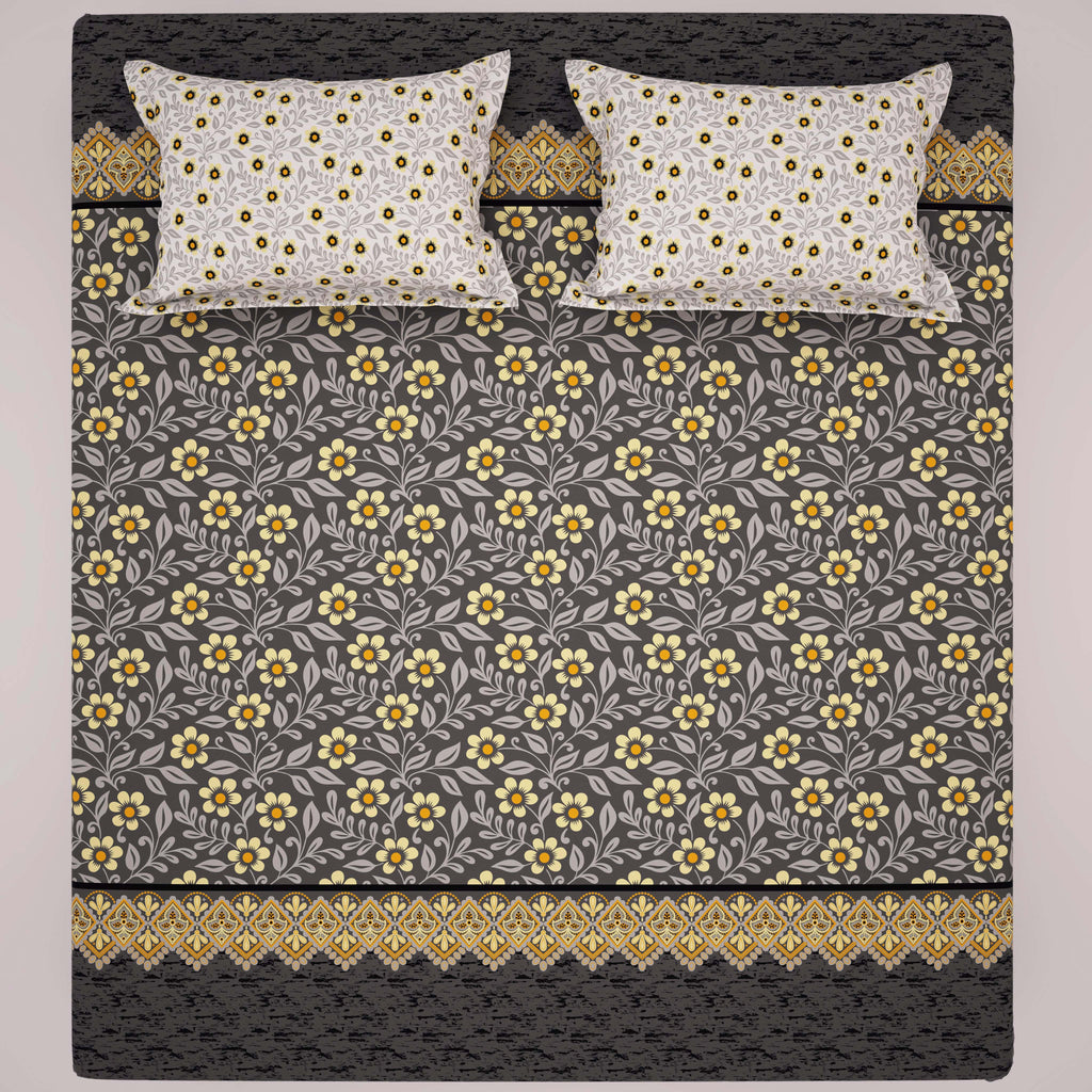 Xara Grey Floral Stripe Bed Sheet Set