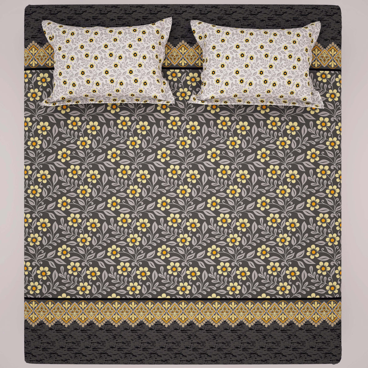 Xara Grey Floral Stripe Bed Sheet Set