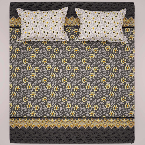 Xara Grey Floral Stripe Bed Sheet Set