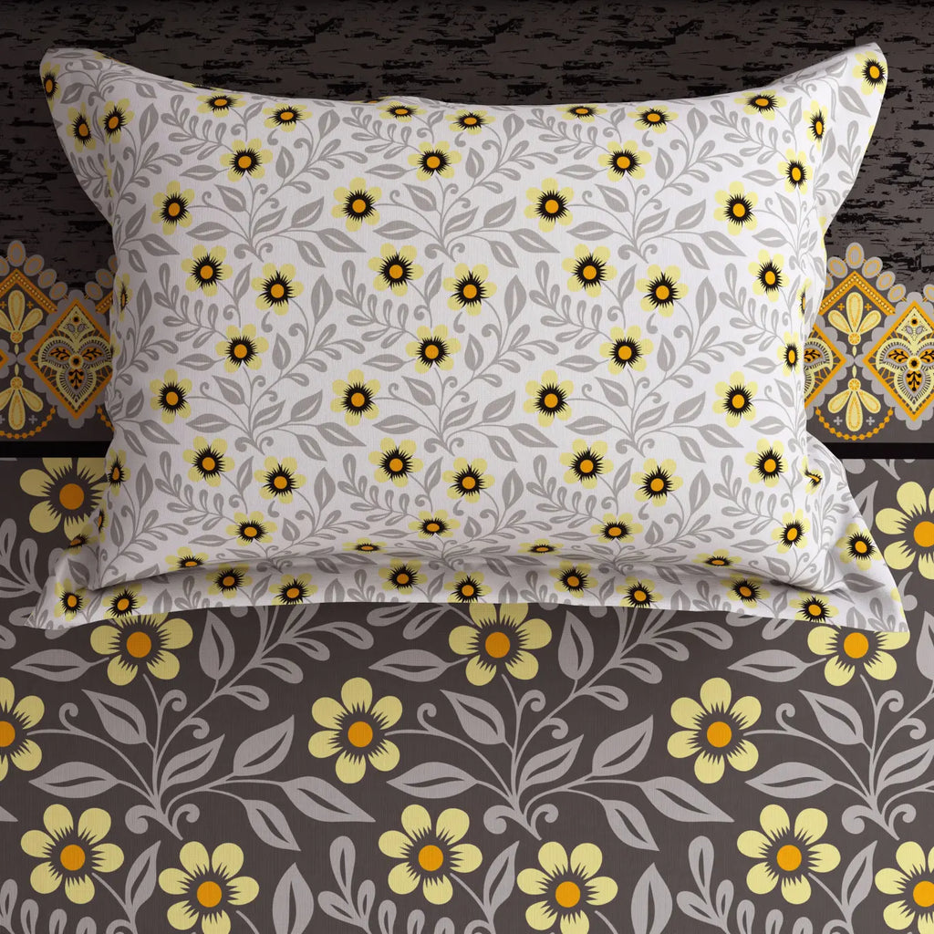 Xara Grey Floral Stripe Bed Sheet Set