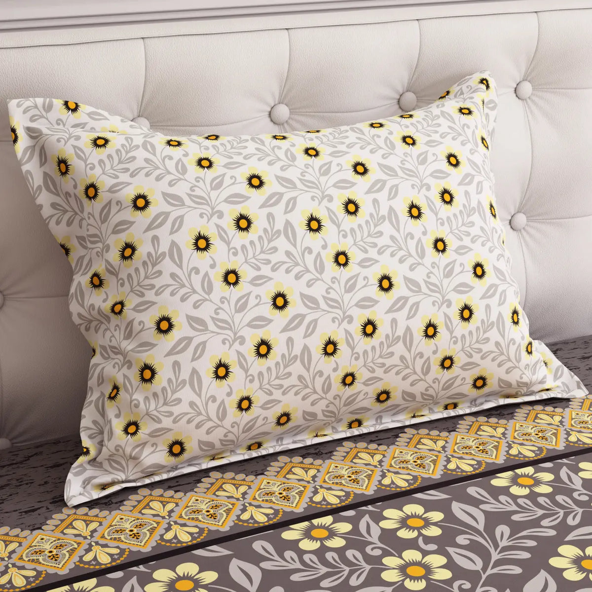 Xara Grey Floral Stripe Bed Sheet Set