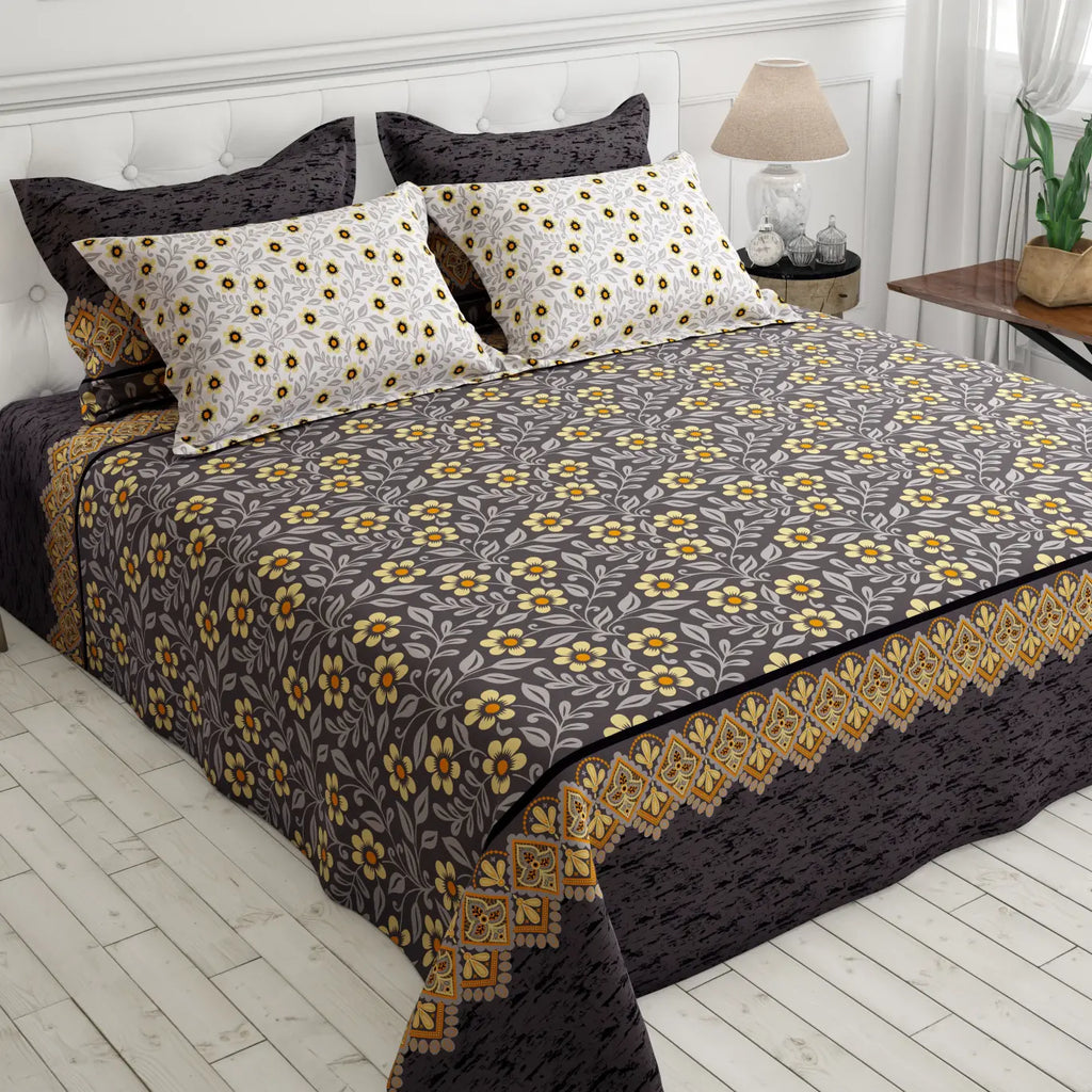 Xara Grey Floral Stripe Bed Sheet Set