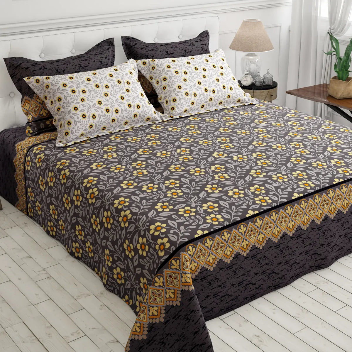 Xara Grey Floral Stripe Bed Sheet Set