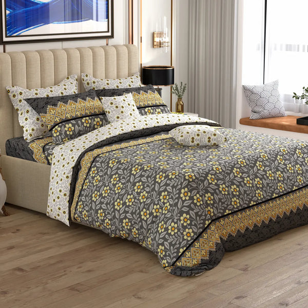 GREY FLORAL Xara 8 Pcs King Reversible Quilt Cover Set Bedsheet