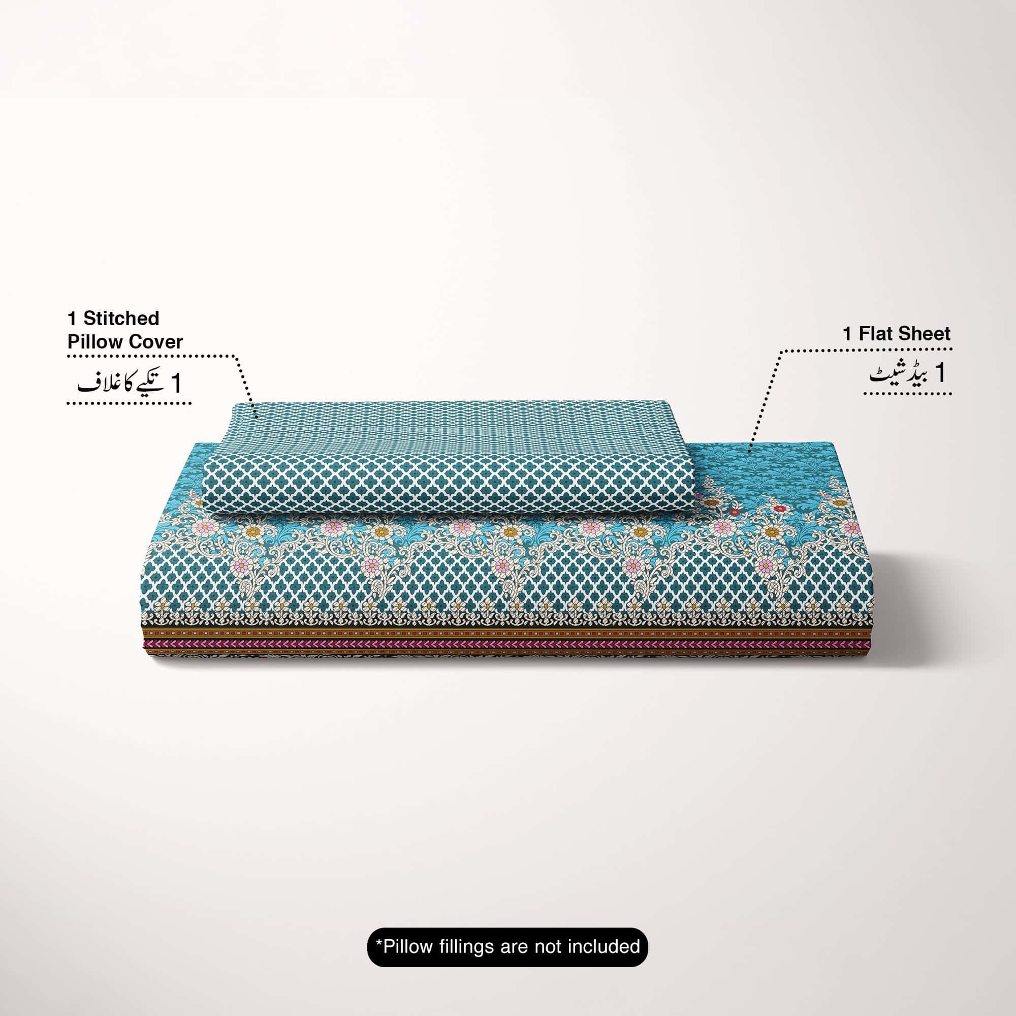 Xara Teal Floral Stripe Bed Sheet Set - 8481-82