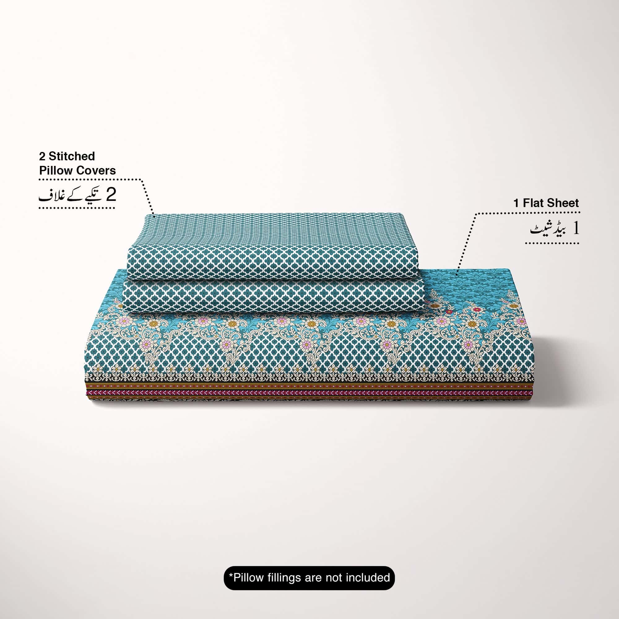 Xara Teal Floral Stripe Bed Sheet Set - 8481-82